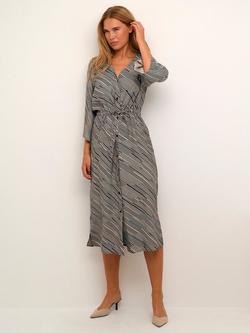 KAFFE Harper Graphic Stripe Midi Shirt Dress, Navy/Beige, Blue/Beige Graph Str