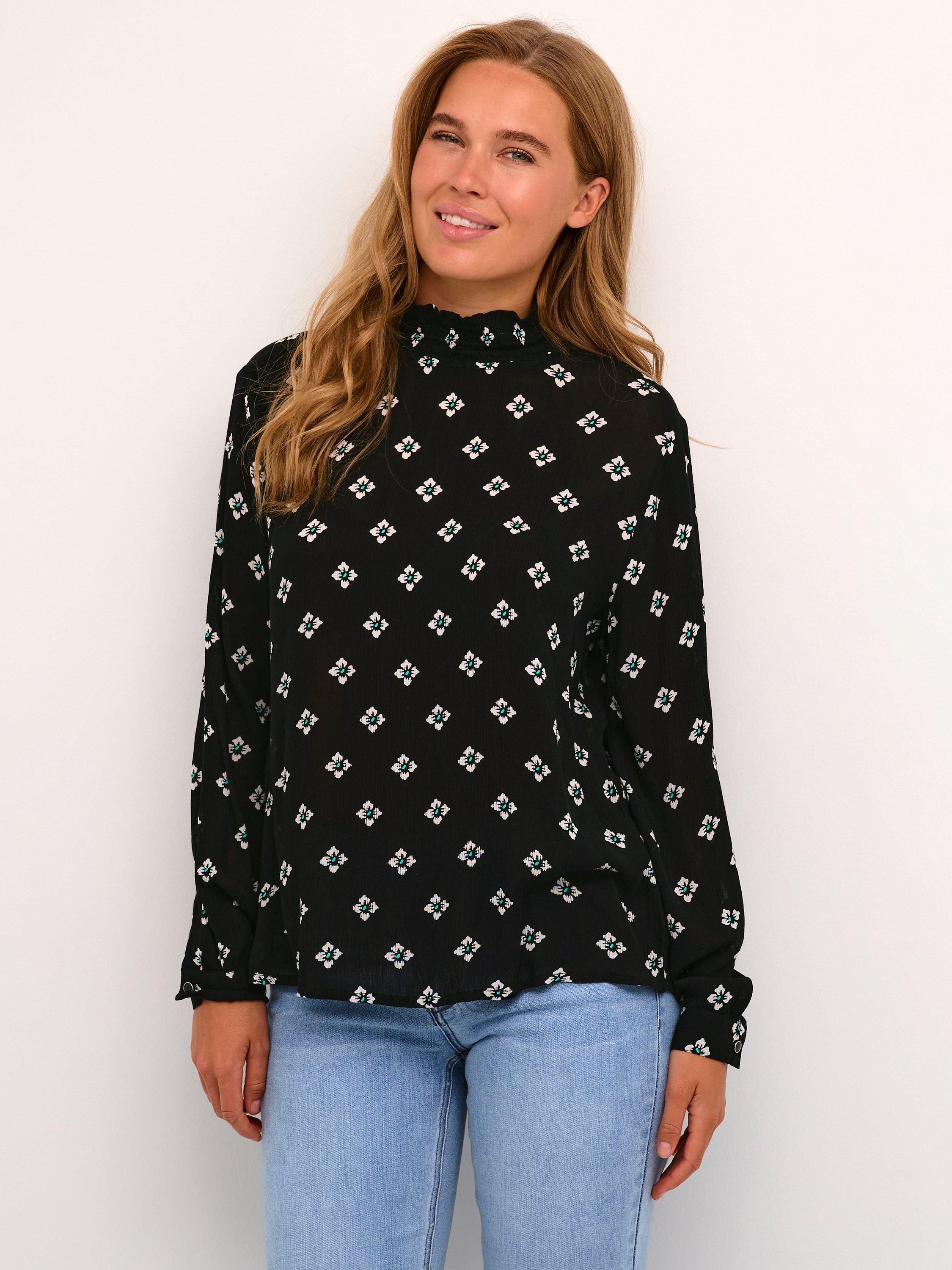 Product image 1 of 6, which shows KAFFE Amber High Smock Neck Printed Blouse, Black Small Flower, 12