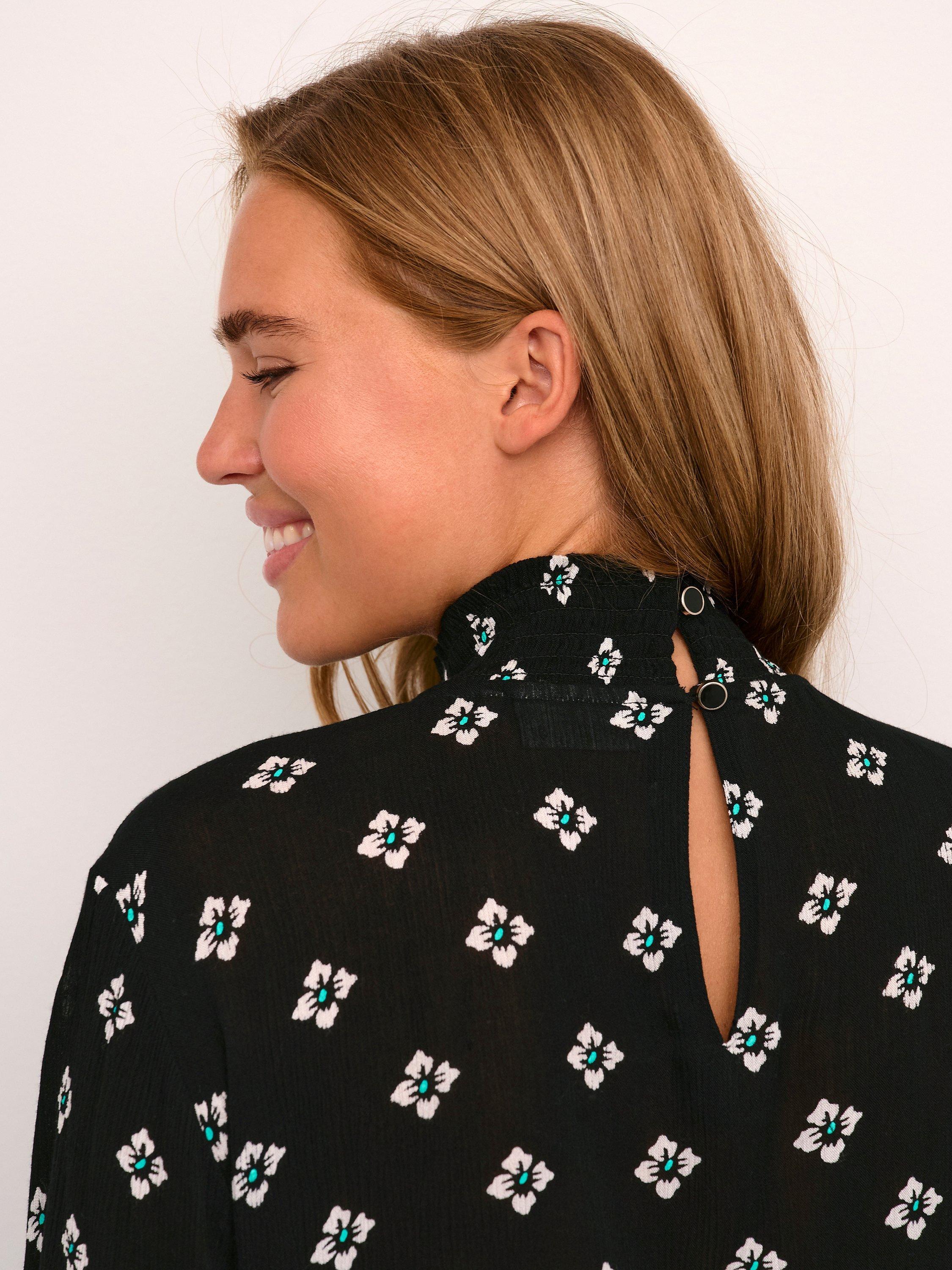 Product image 4 of 6, which shows KAFFE Amber High Smock Neck Printed Blouse, Black Small Flower, 12