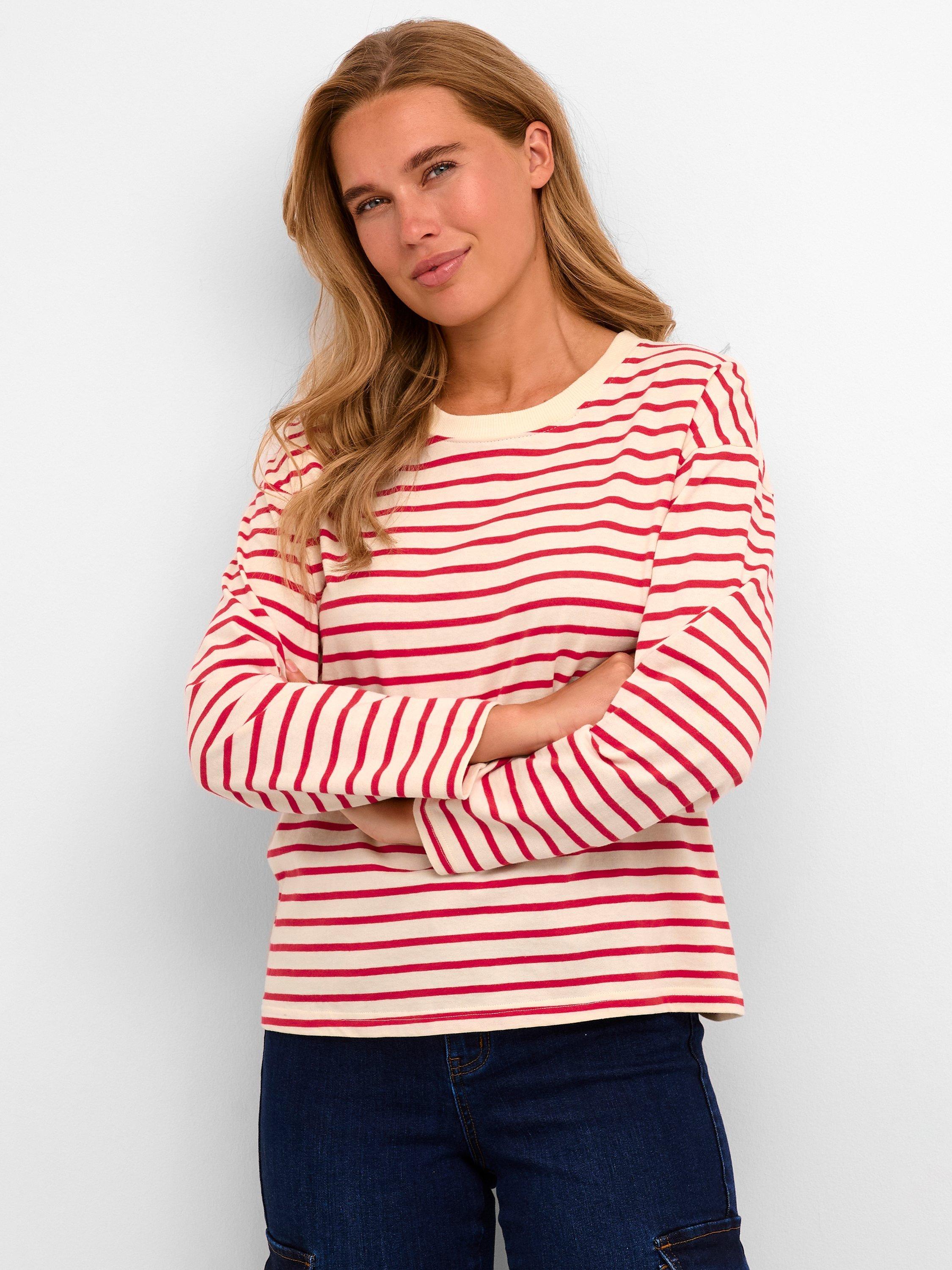 KAFFE Winny Long Sleeve Stripe T-Shirt, Antique White/Virtual Pink, S