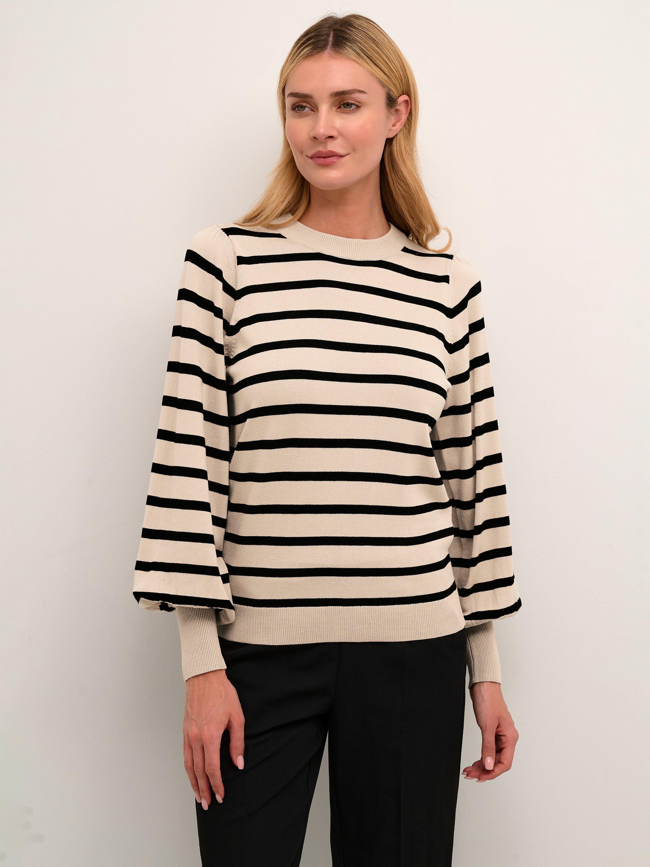 KAFFE Mala Balloon Sleeve Striped Jumper, Feather Gray/Black