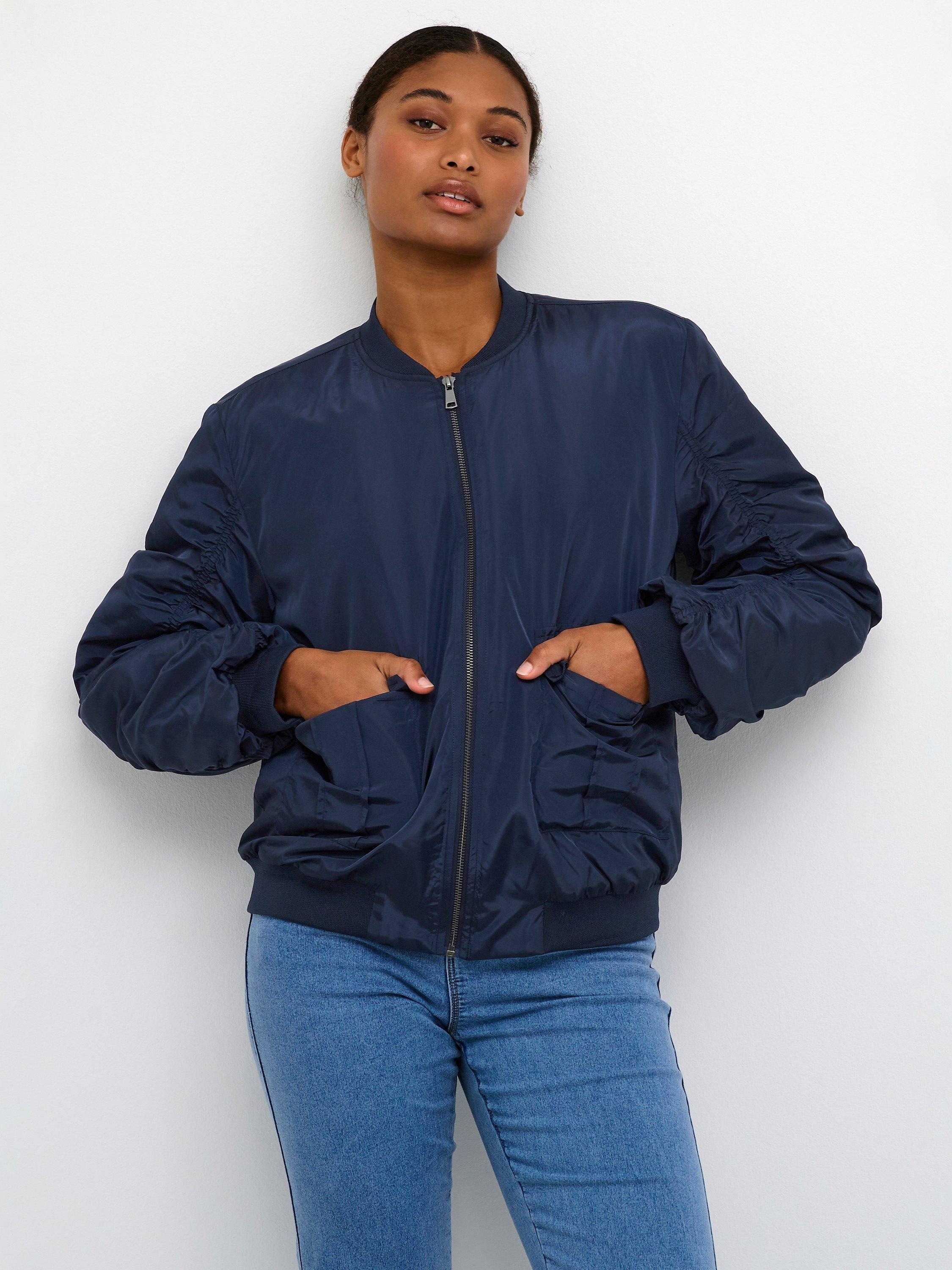 KAFFE Julia Ruched Sleeve Bomber Jacket Midnight Marine