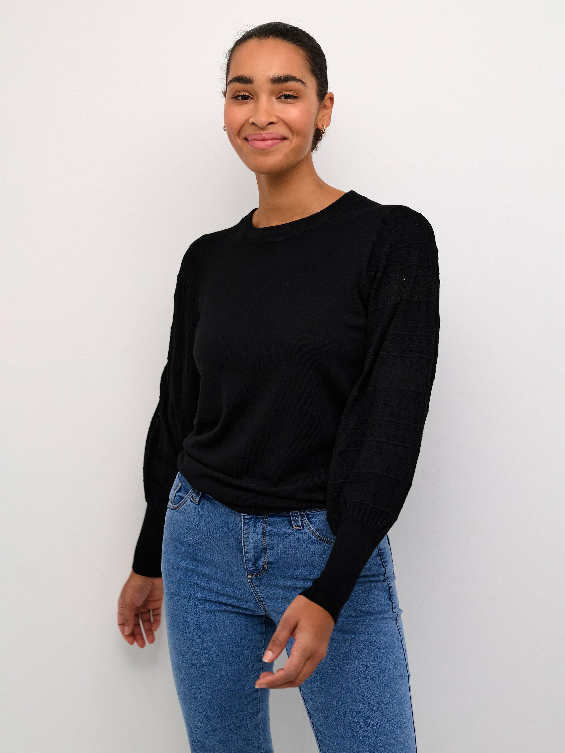 KAFFE Liola Lace Knit Balloon Sleeve Jumper, Deep Black