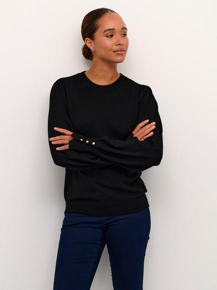 KAFFE Lizza Crew Neck Button Cuff Jumper, Deep Black