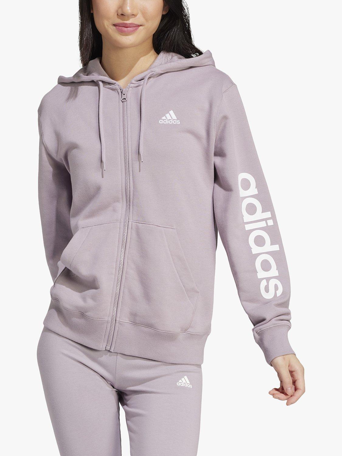 adidas Essentials Linear Full-Zip French Terry Hoodie, Preloved Fig/White, L