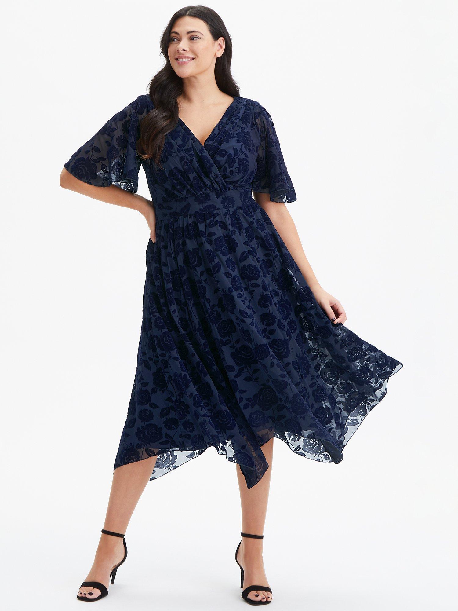 Product image 1 of 1, which shows Scarlett & Jo Julie Flock Hanky Hem Midi Dress, Navy, 24
