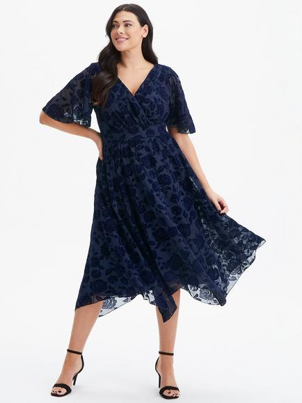 Scarlett & Jo Julie Flock Hanky Hem Midi Dress, Navy, Navy