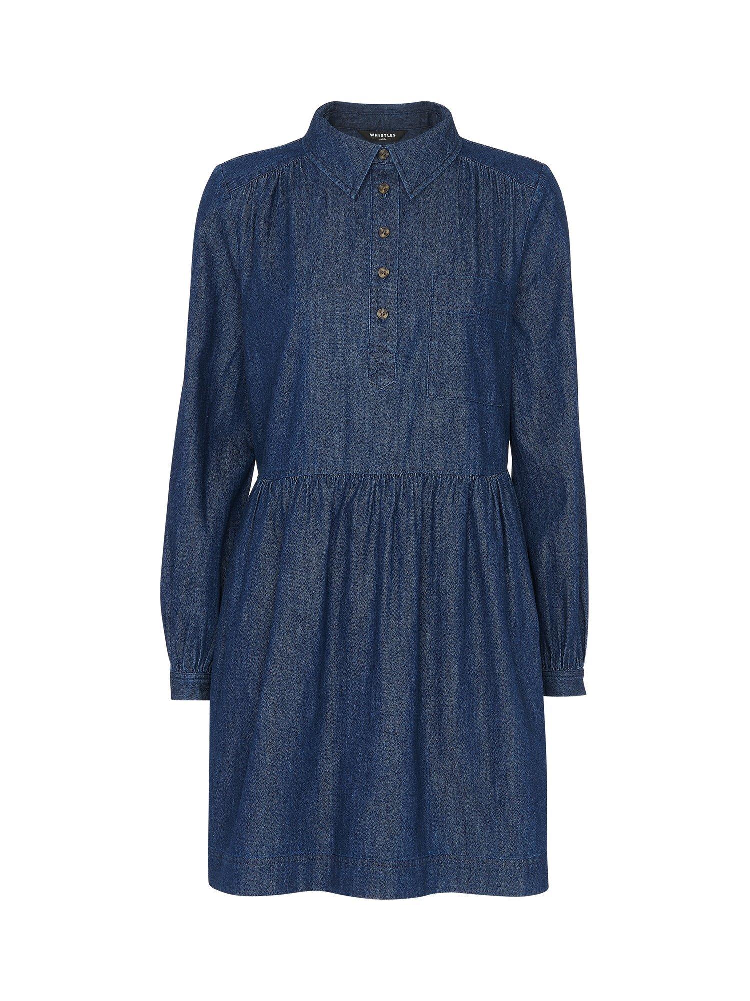 Whistles Petite Winnie Chambray Denim Dress, Dark Denim, 12