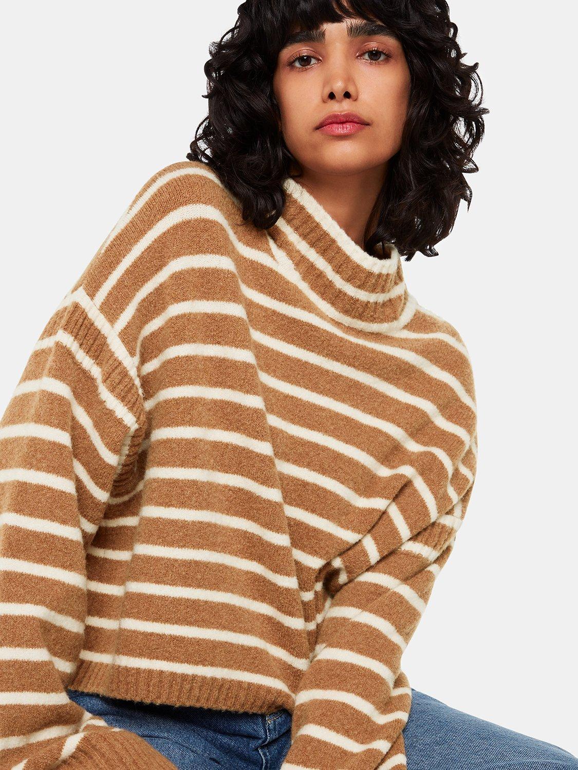Whistles Stripe Rib Funnel Neck Wool Blend Jumper, Cream/Multi