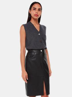 Whistles Front Split Leather Midi Skirt, Black
