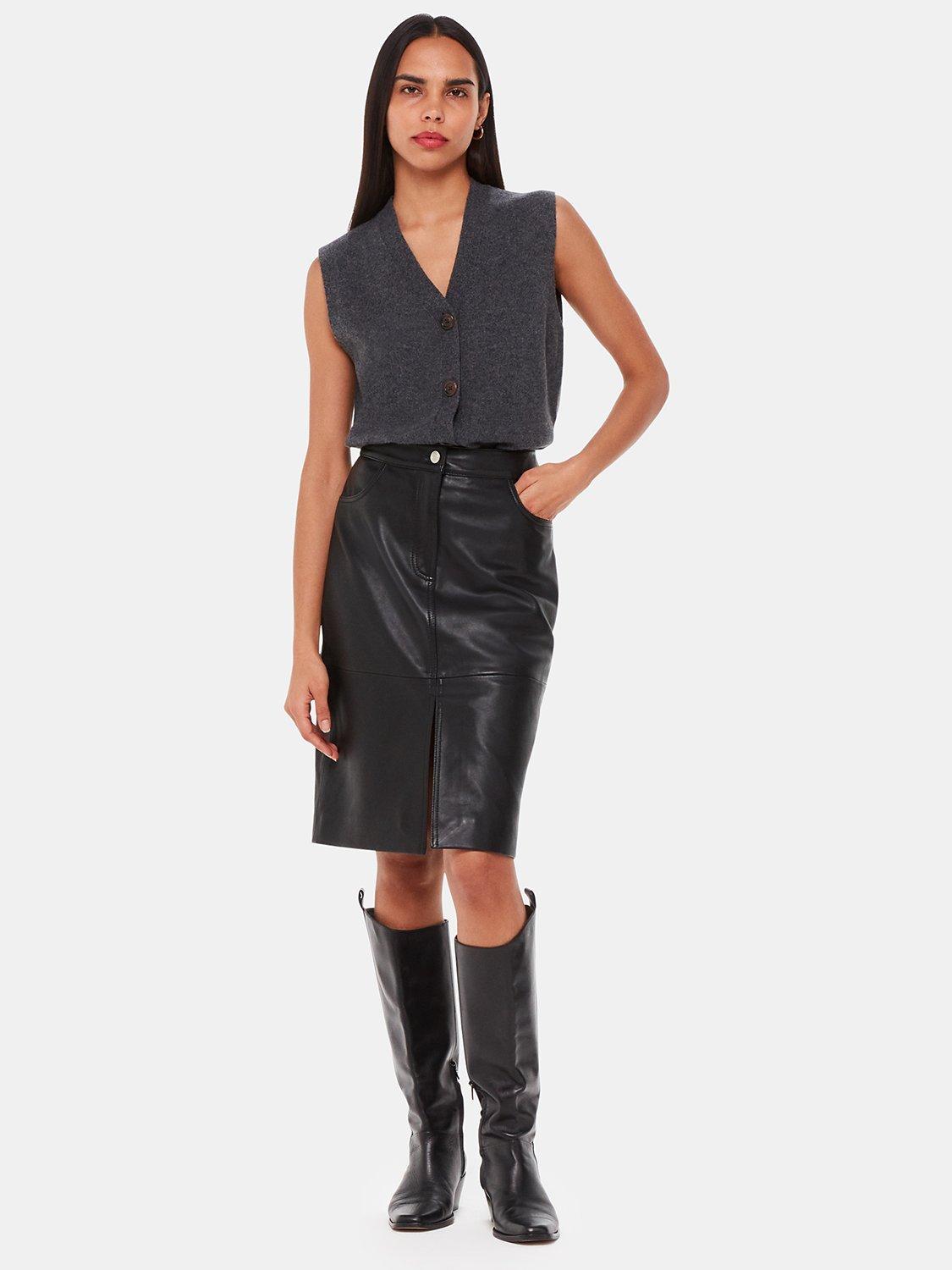 Product image 3 of 5, which shows Whistles Front Split Leather Midi Skirt, Black, 6
