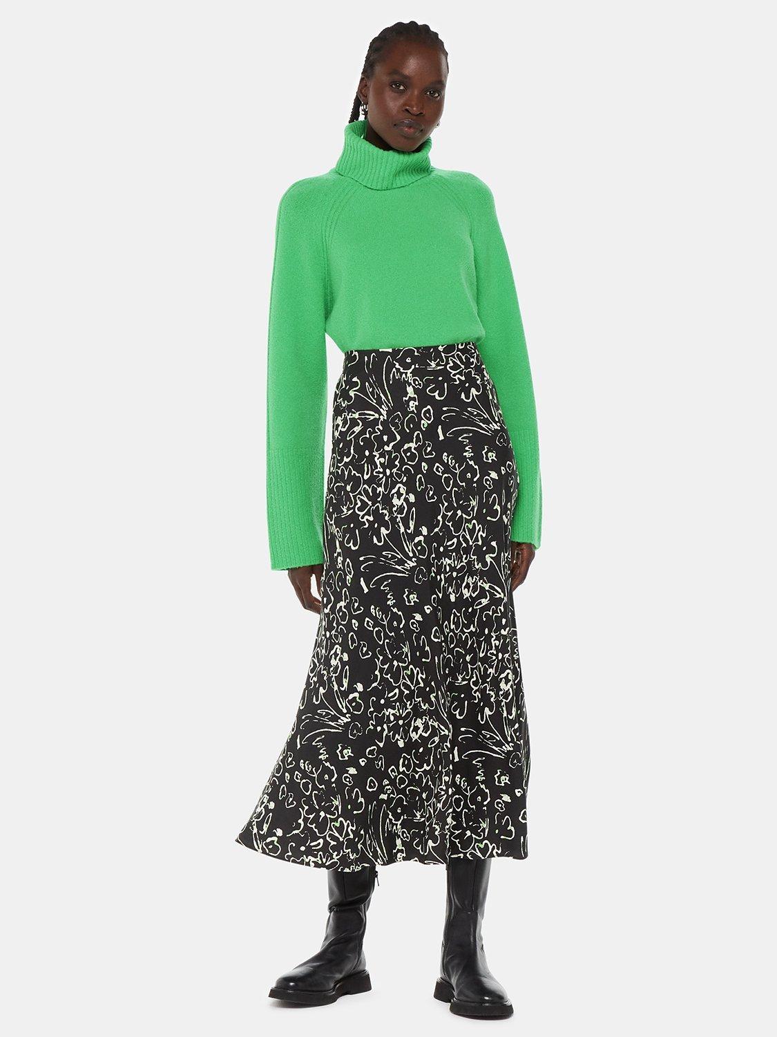 Whistles Scribble Bouquet Fluted Midi Skirt, Black/Multi