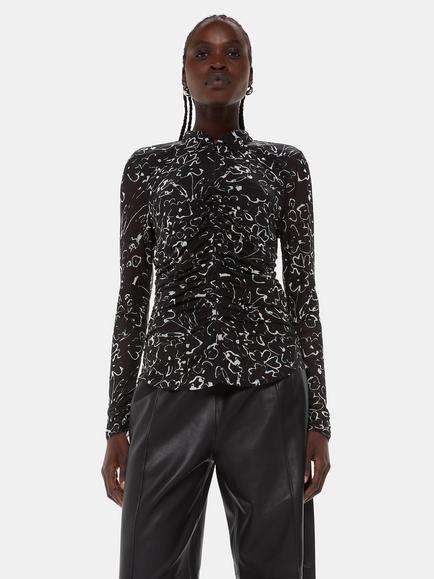 Whistles Scribble Bouquet Print Ruched Shirt, Black/Multi, Black/Multi