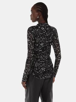 Whistles Scribble Bouquet Print Ruched Shirt, Black/Multi - view 2, Black/Multi