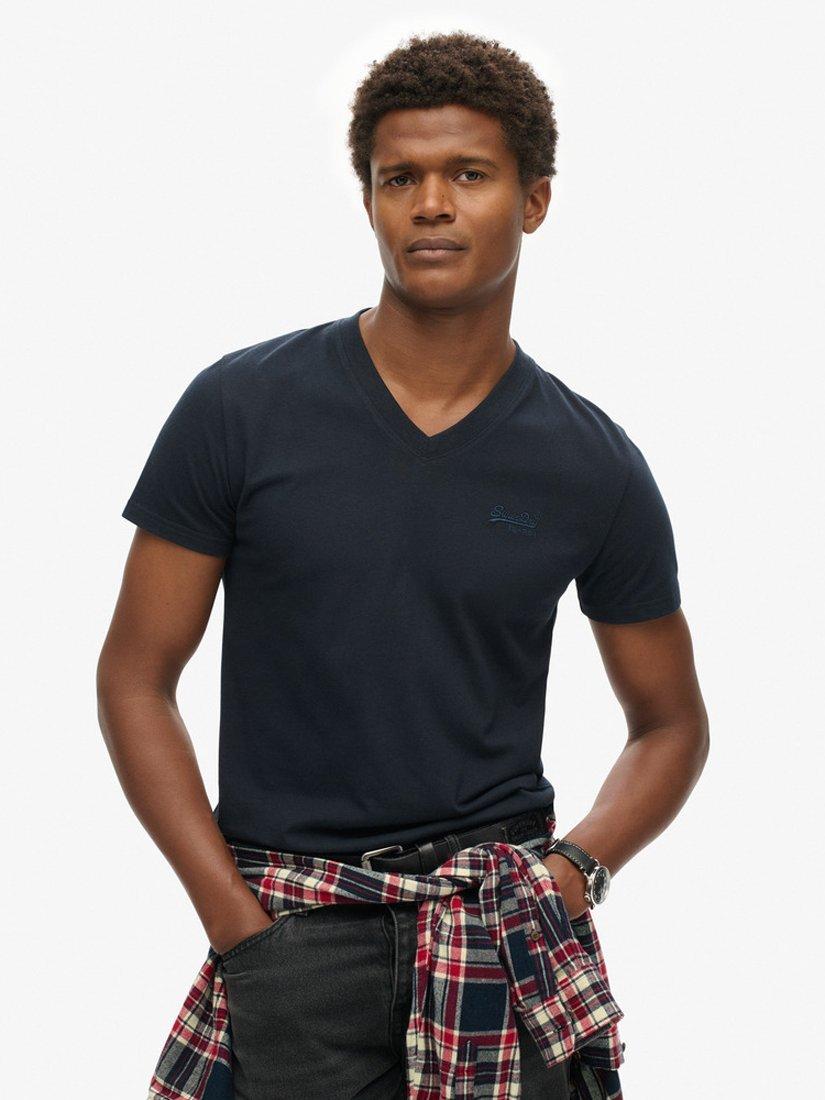 Product image 1 of 6, which shows Superdry Organic Cotton Embroidered Logo V-Neck T-Shirt, Navy, XXXL