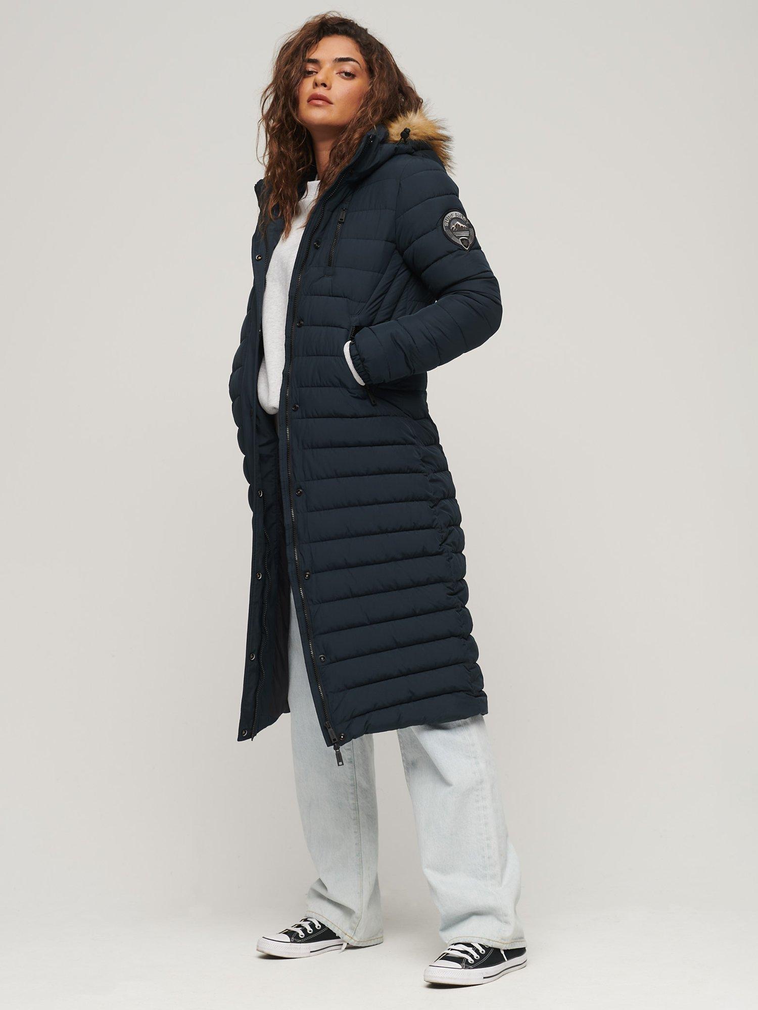 Superdry Fuji Hooded Longline Puffer Coat, Navy