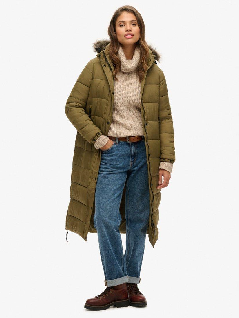 Olive green puffer coat with fur hood online