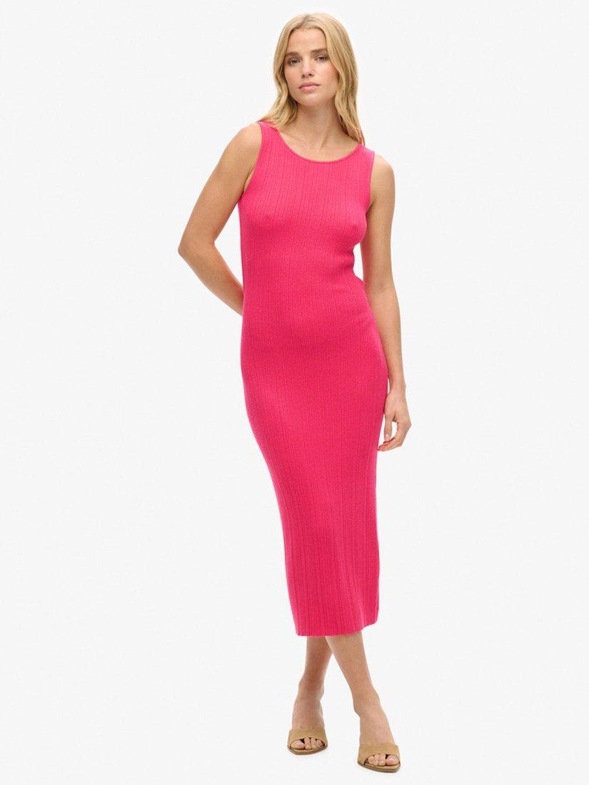 Product image 1 of 4, which shows Superdry Jersey Backless Knitted Midi Dress, Magenta Pink, 6