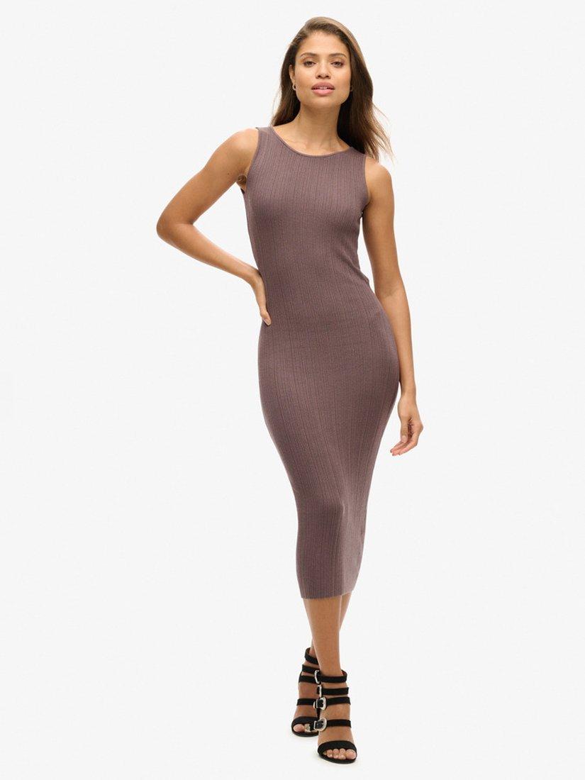 Product image 1 of 5, which shows Superdry Jersey Backless Knitted Midi Dress, Iron Brown, 6