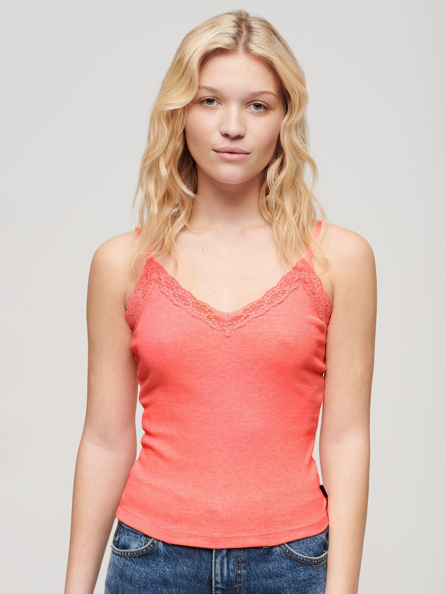 Product image 1 of 5, which shows Superdry Organic Cotton Essential Rib Lace Cami, Pastelline Coral, XS-S