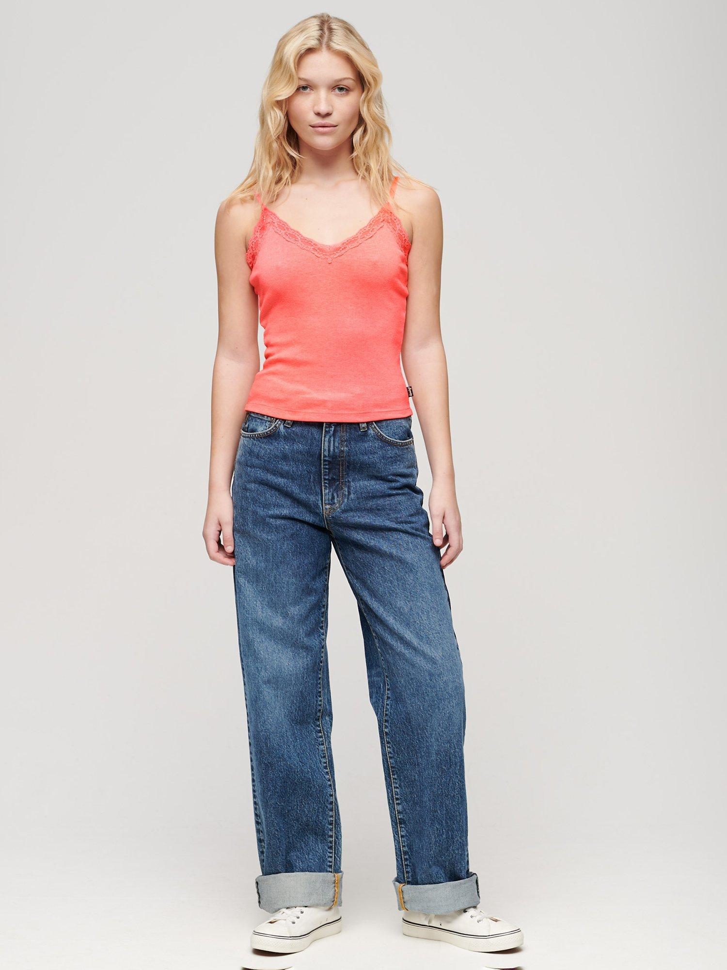 Product image 2 of 5, which shows Superdry Organic Cotton Essential Rib Lace Cami, Pastelline Coral, XS-S