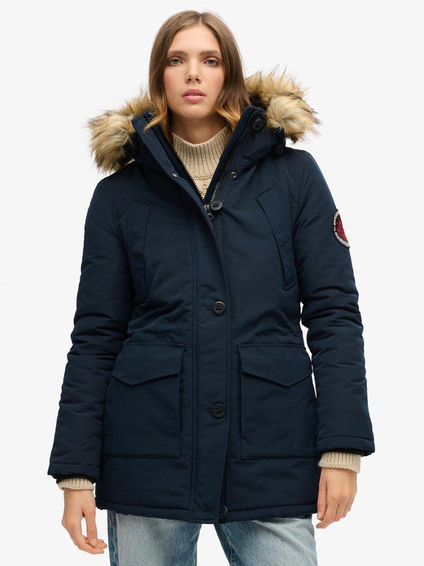 Product image 2 of 7, which shows Superdry Everest Faux Hooded Parka Coat, Navy, 16