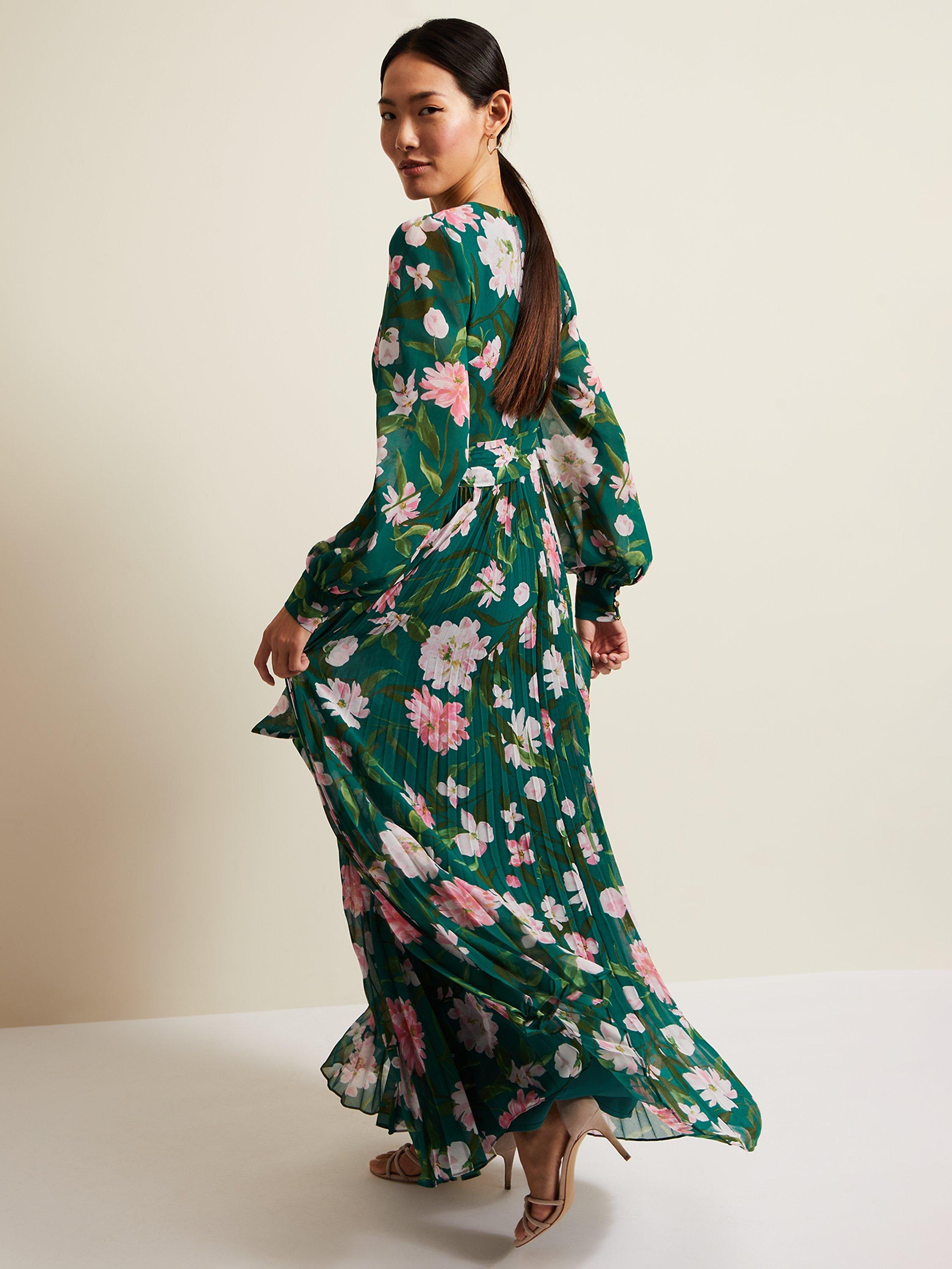 Product image 2 of 9, which shows Phase Eight Rosa Floral Pleated Maxi Dress, Green/Multi, 6