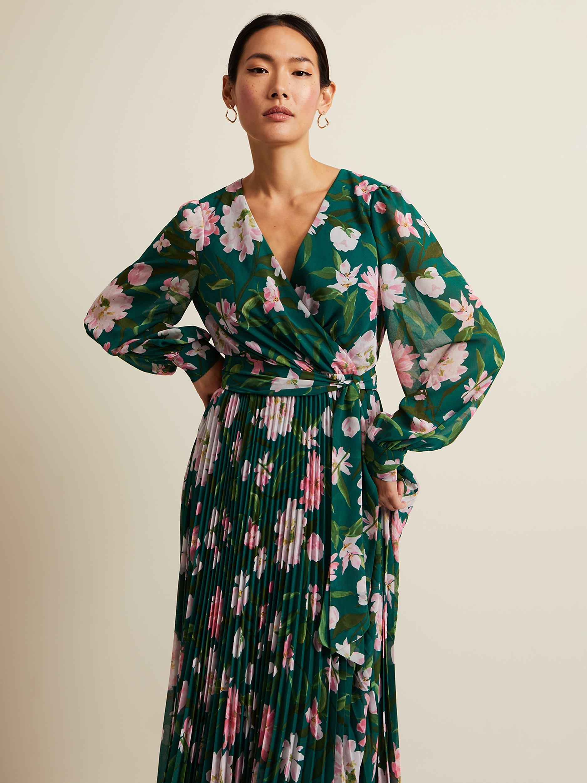 Product image 3 of 9, which shows Phase Eight Rosa Floral Pleated Maxi Dress, Green/Multi, 6