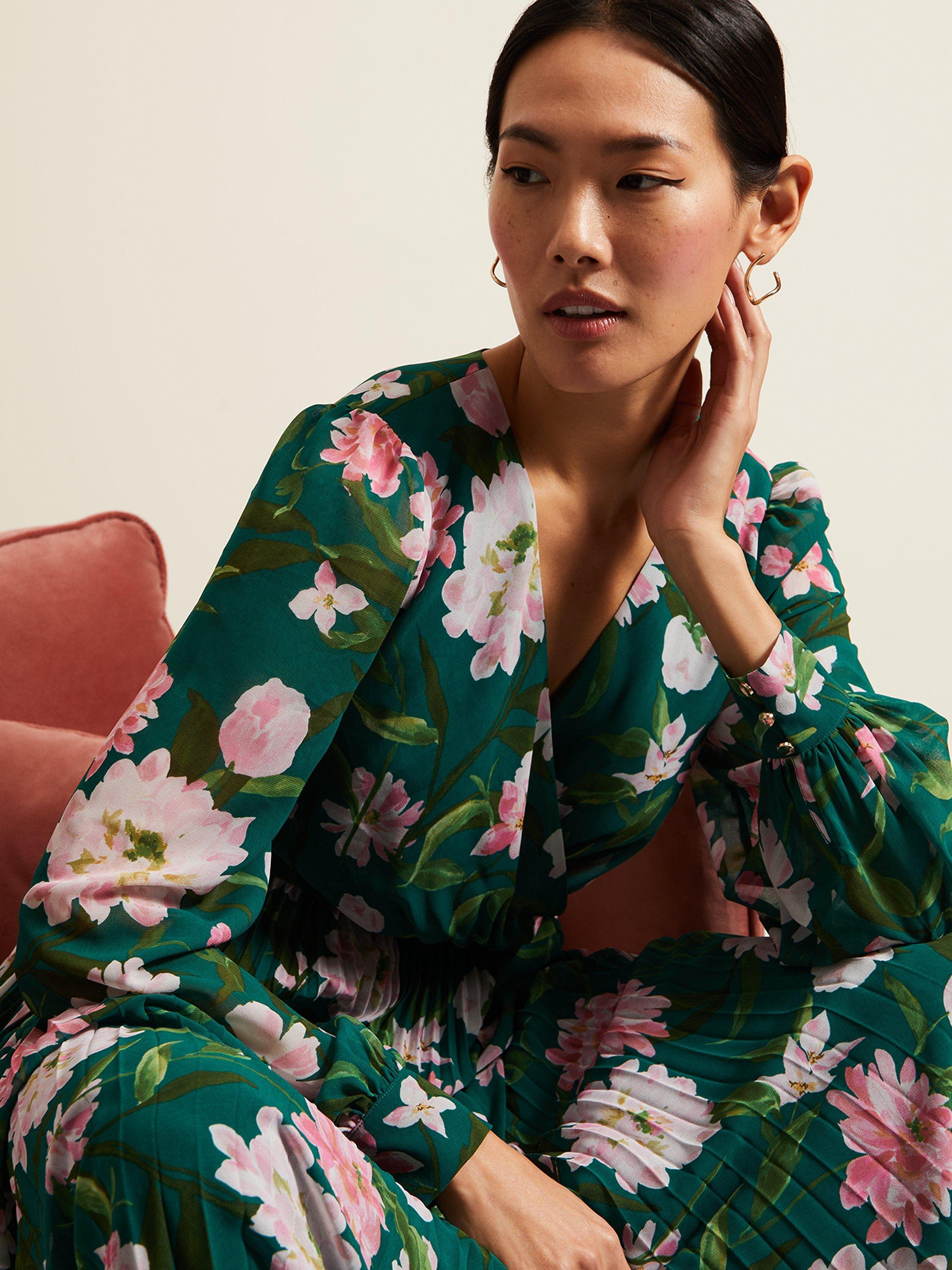 Product image 7 of 9, which shows Phase Eight Rosa Floral Pleated Maxi Dress, Green/Multi, 6