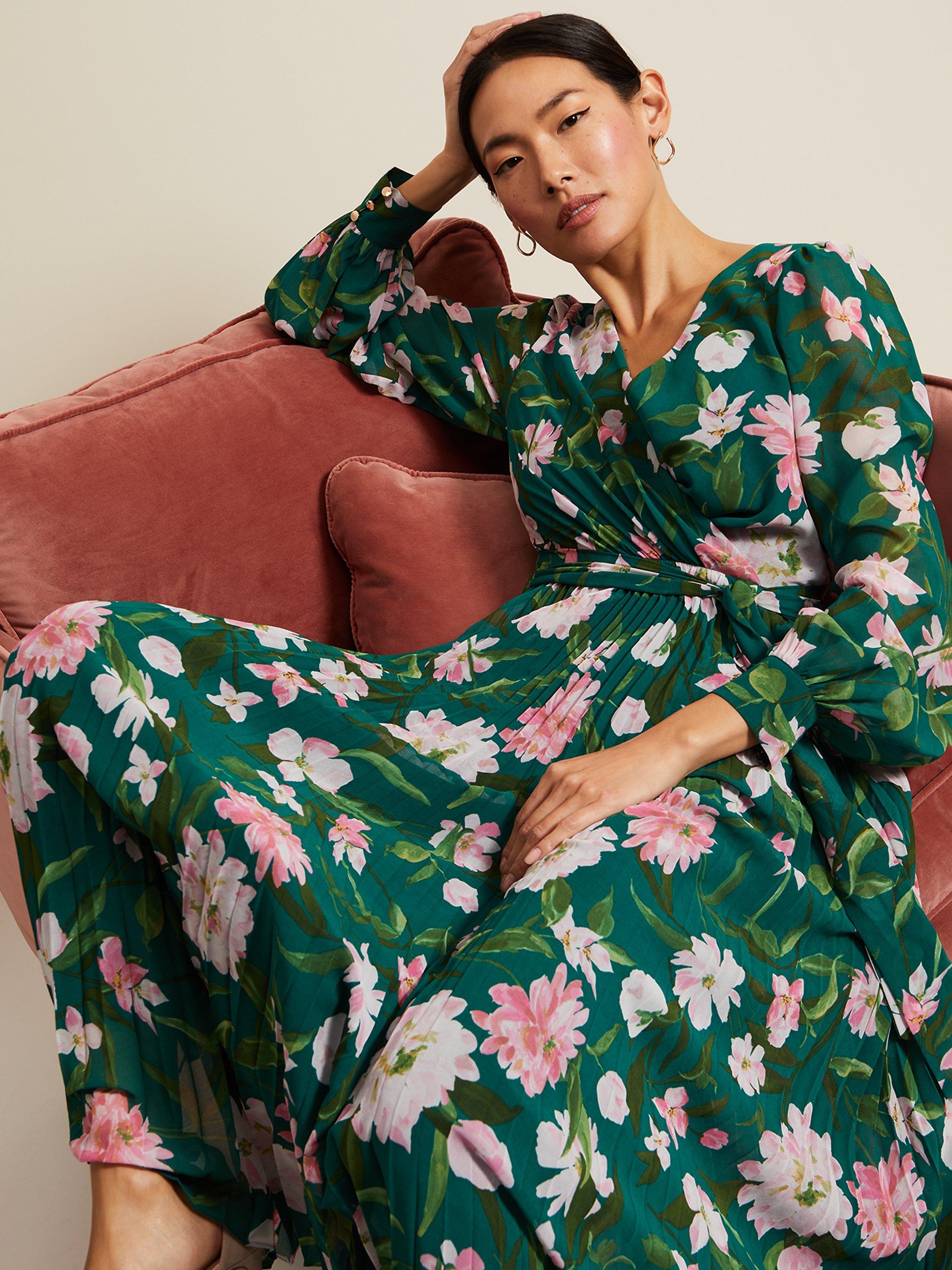 Product image 9 of 9, which shows Phase Eight Rosa Floral Pleated Maxi Dress, Green/Multi, 6