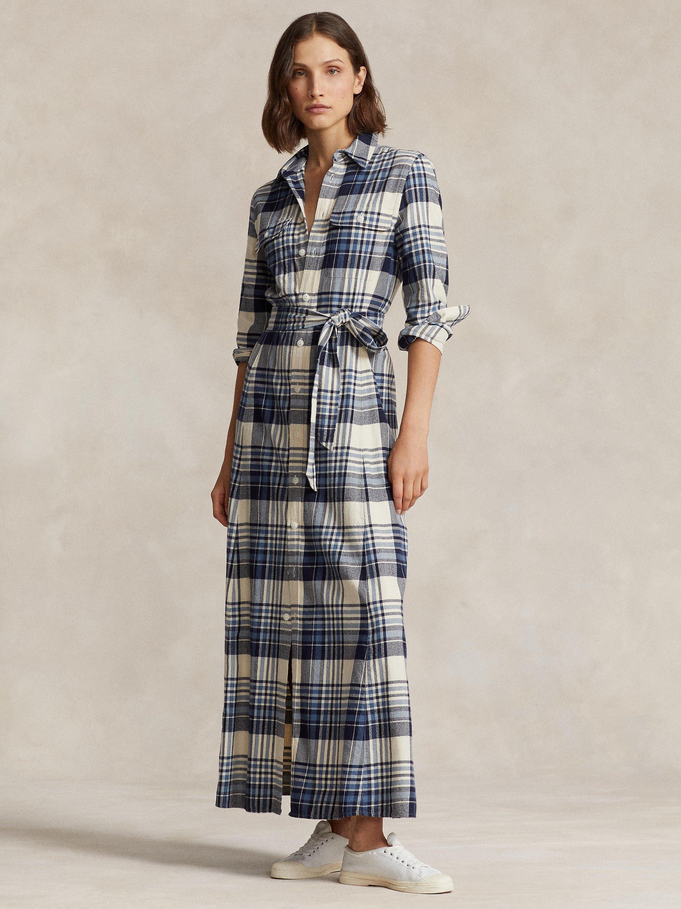 Ralph Lauren Polo Ralph Lauren Stephanie Plaid Cotton Twill Maxi Shirt Dress, Blue/White