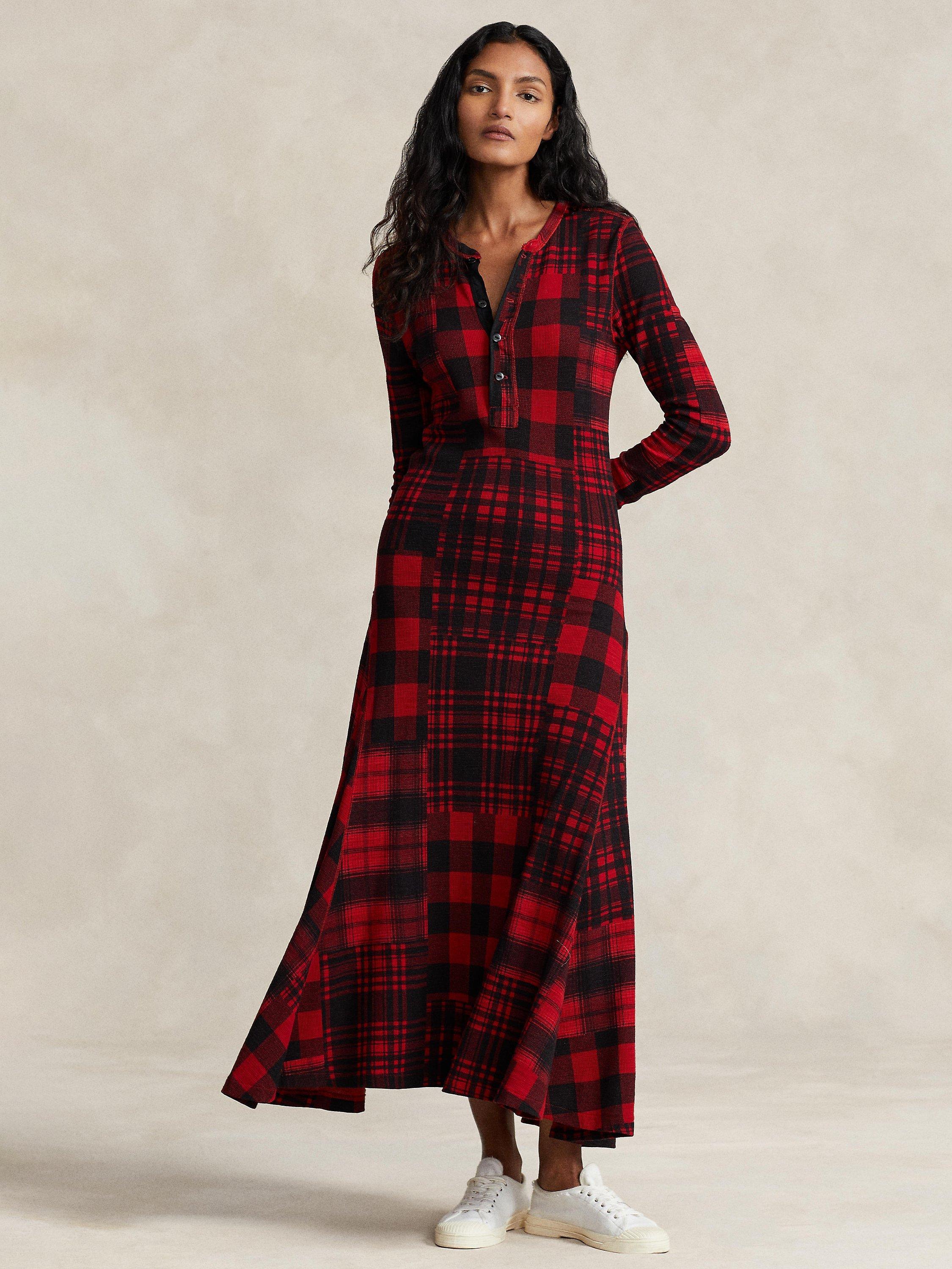 Polo Ralph Lauren Plaid Waffle Knit Henley Maxi Dress, Red