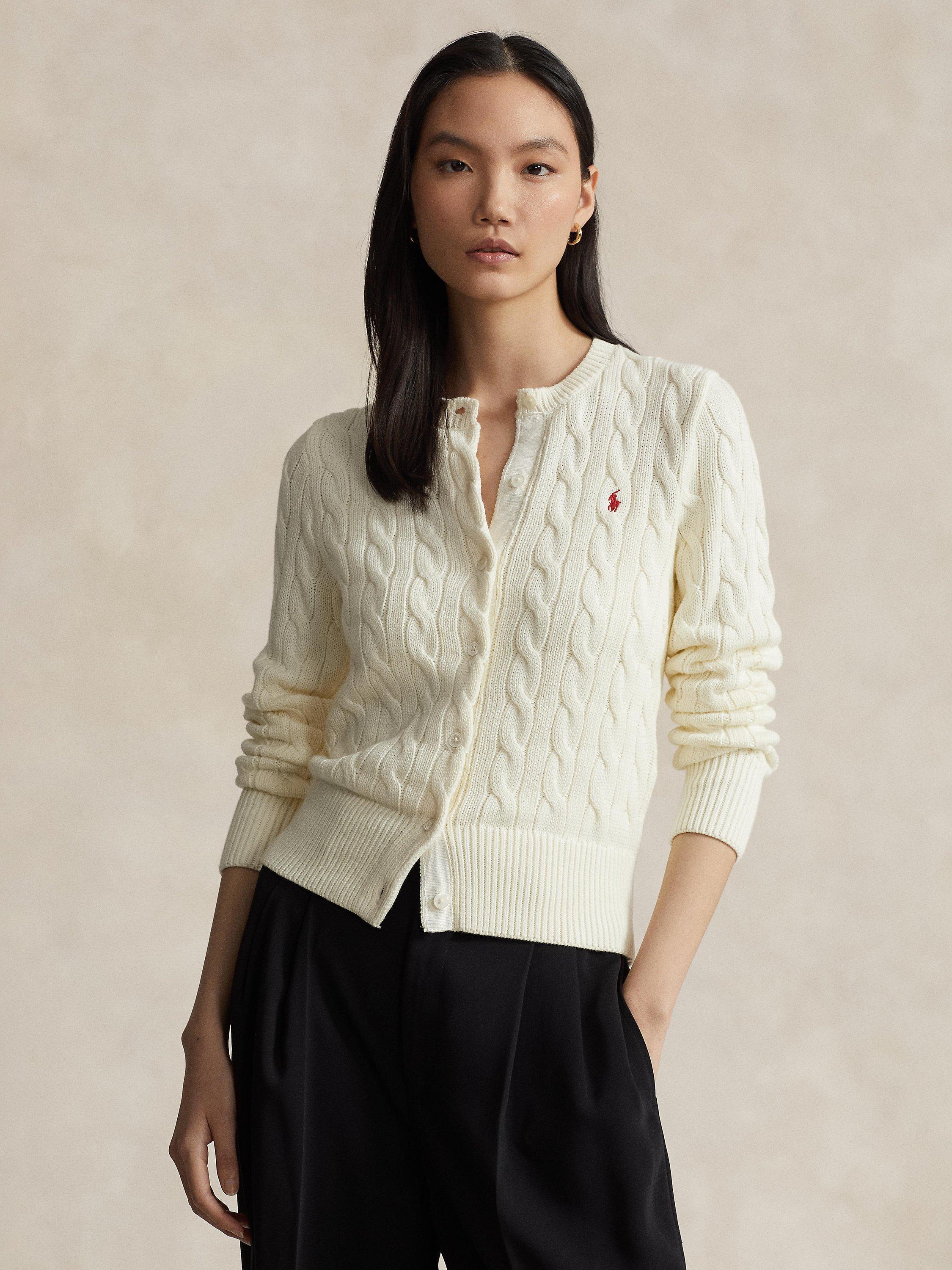 Polo Ralph Lauren Cable Knit Cotton Crew Neck Cardigan, Natural