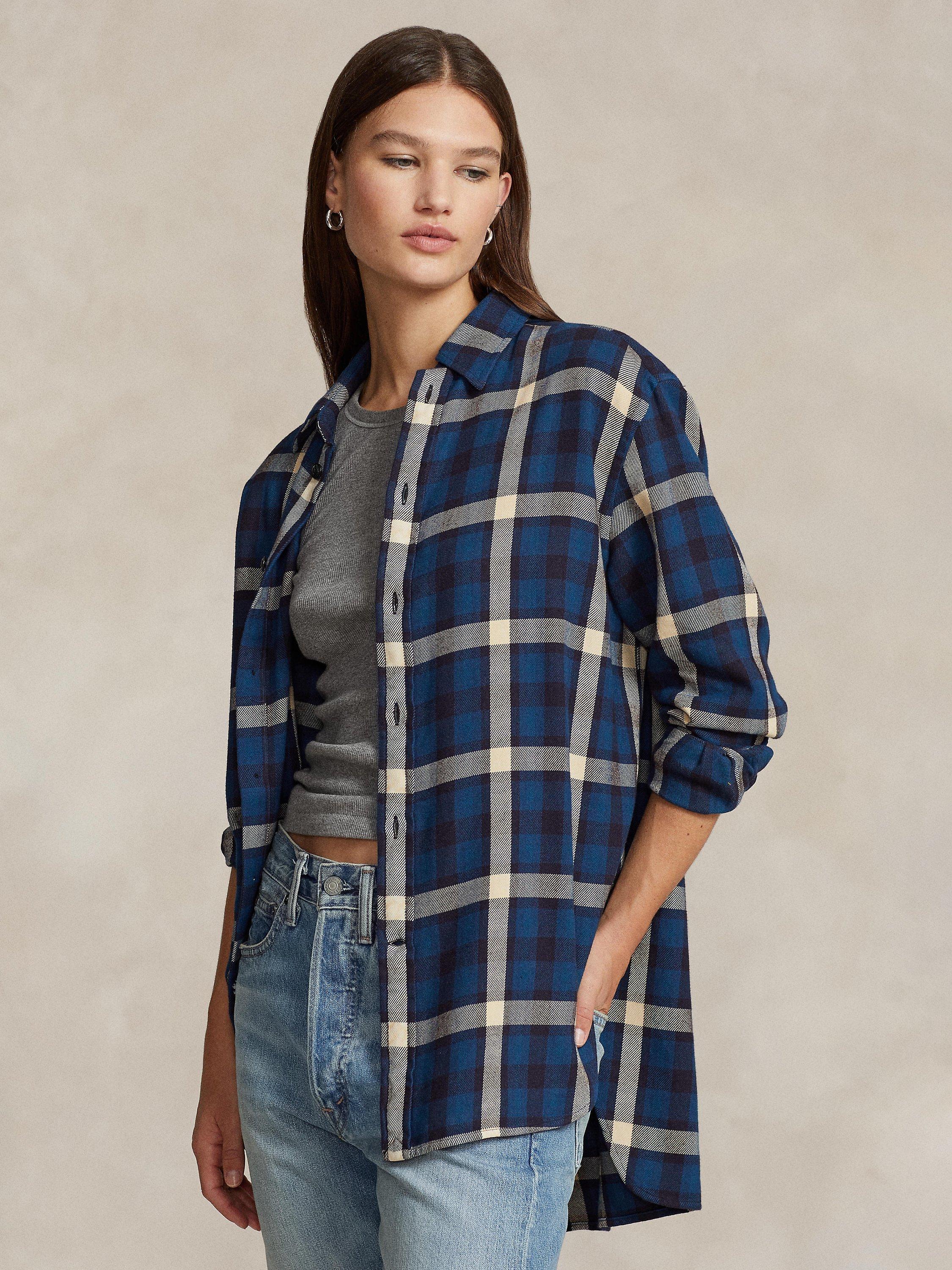 Polo Ralph Lauren Oversized Plaid Cotton Shirt, Blue/Taupe