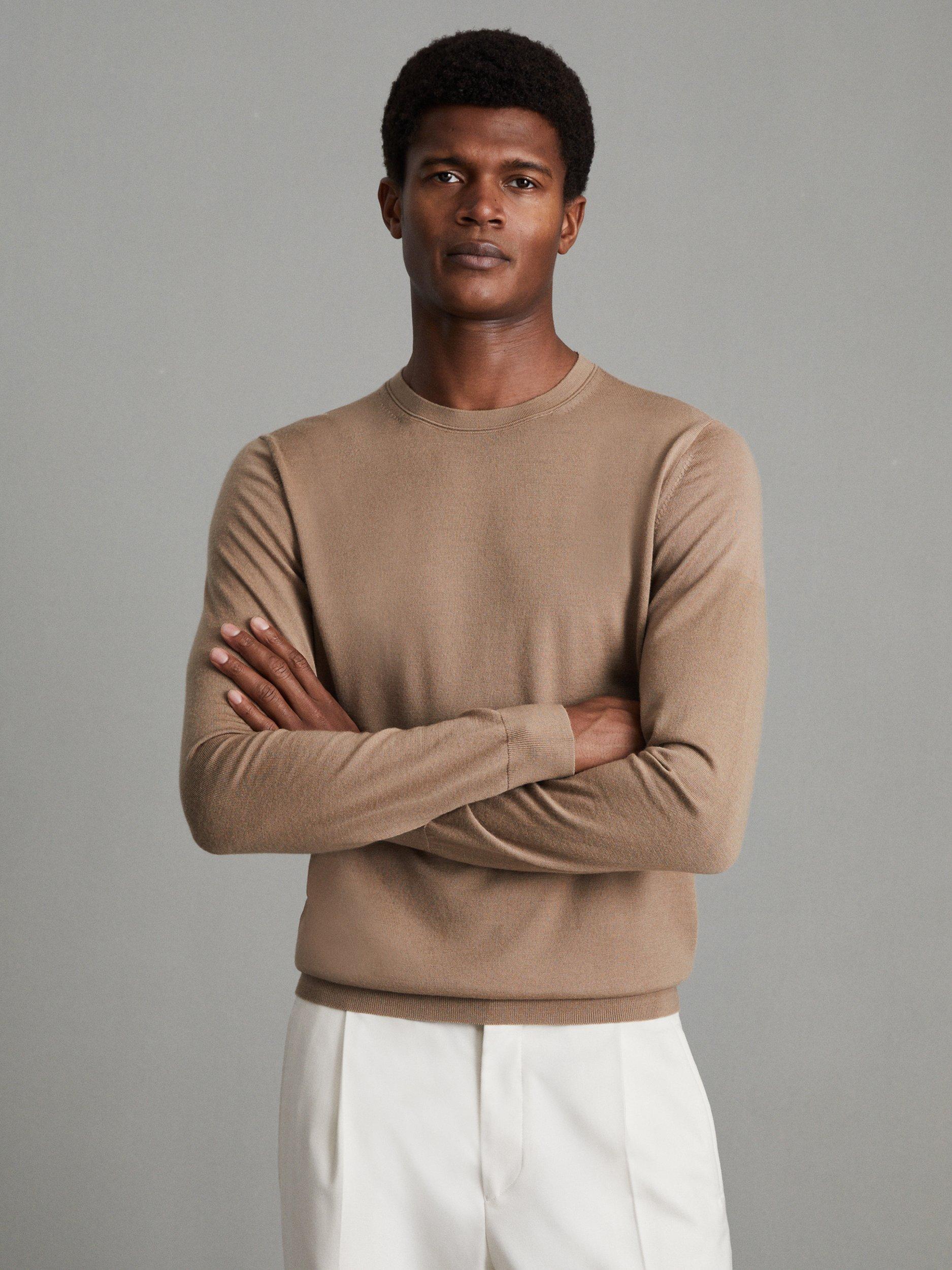 Reiss Wessex Long Sleeve Merino Crew Neck Jumper Camel