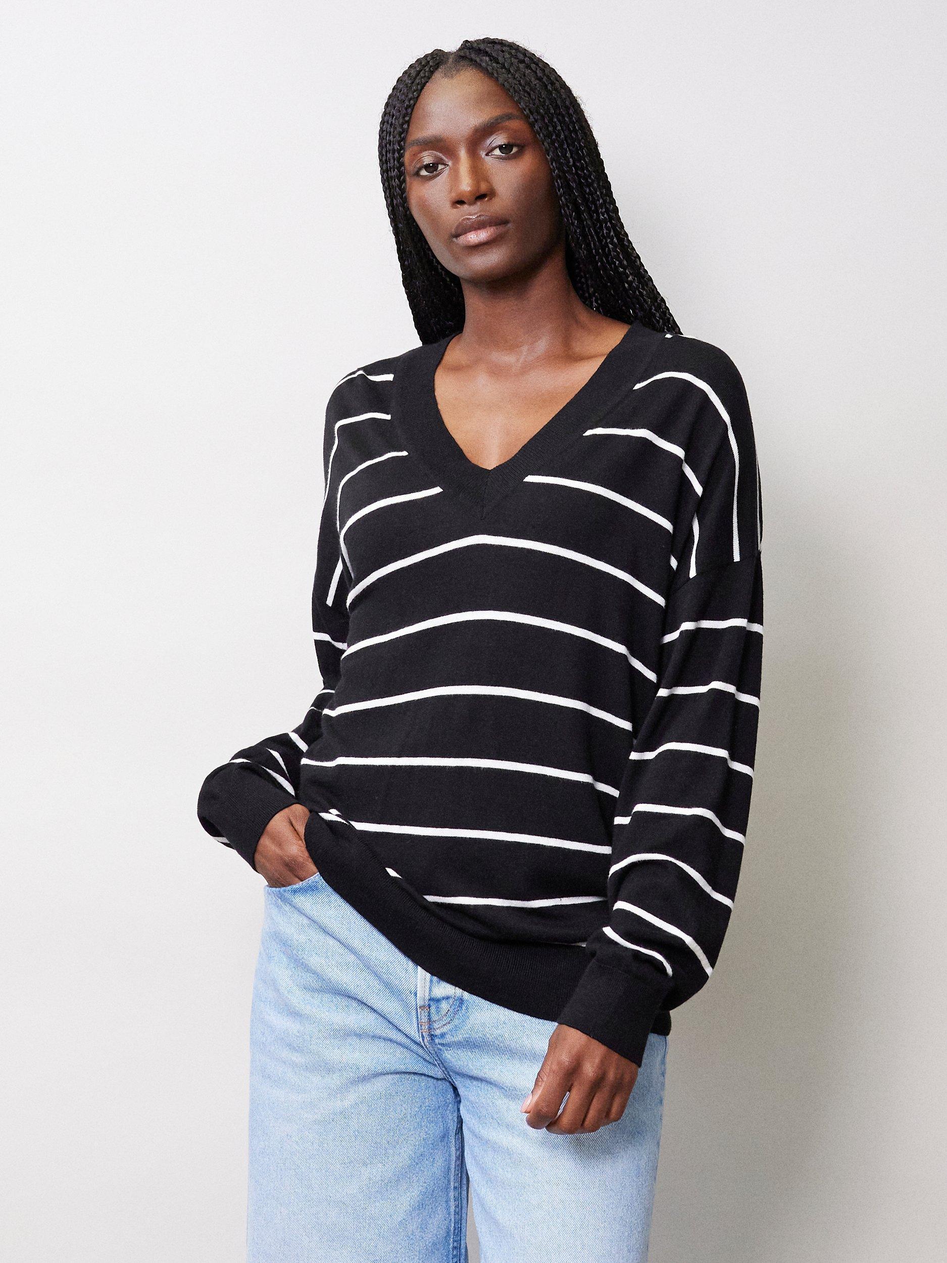 Albaray Silk Blend Stripe V Neck Jumper, Black/White