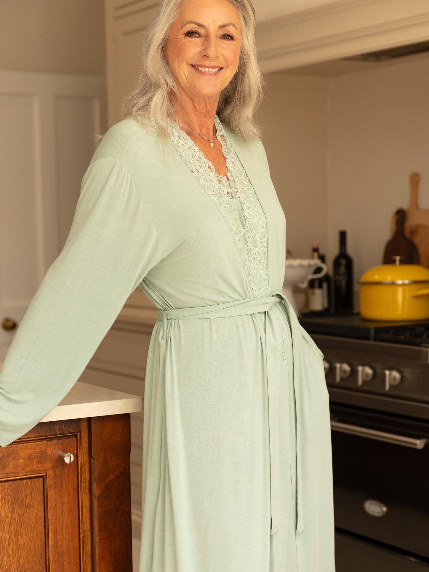 Cyberjammies Julia Jersey Knit Lace Long Dressing Gown, Sage, 28