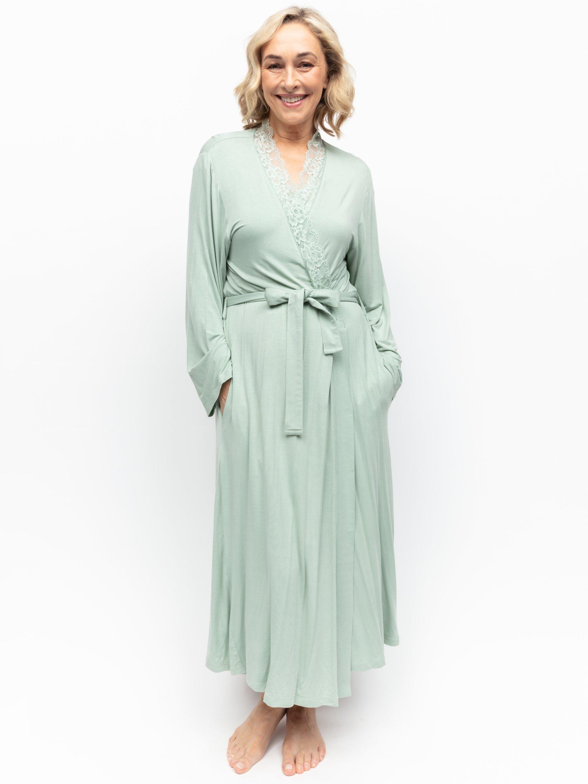 Cyberjammies Julia Jersey Knit Lace Long Dressing Gown, Sage, 28