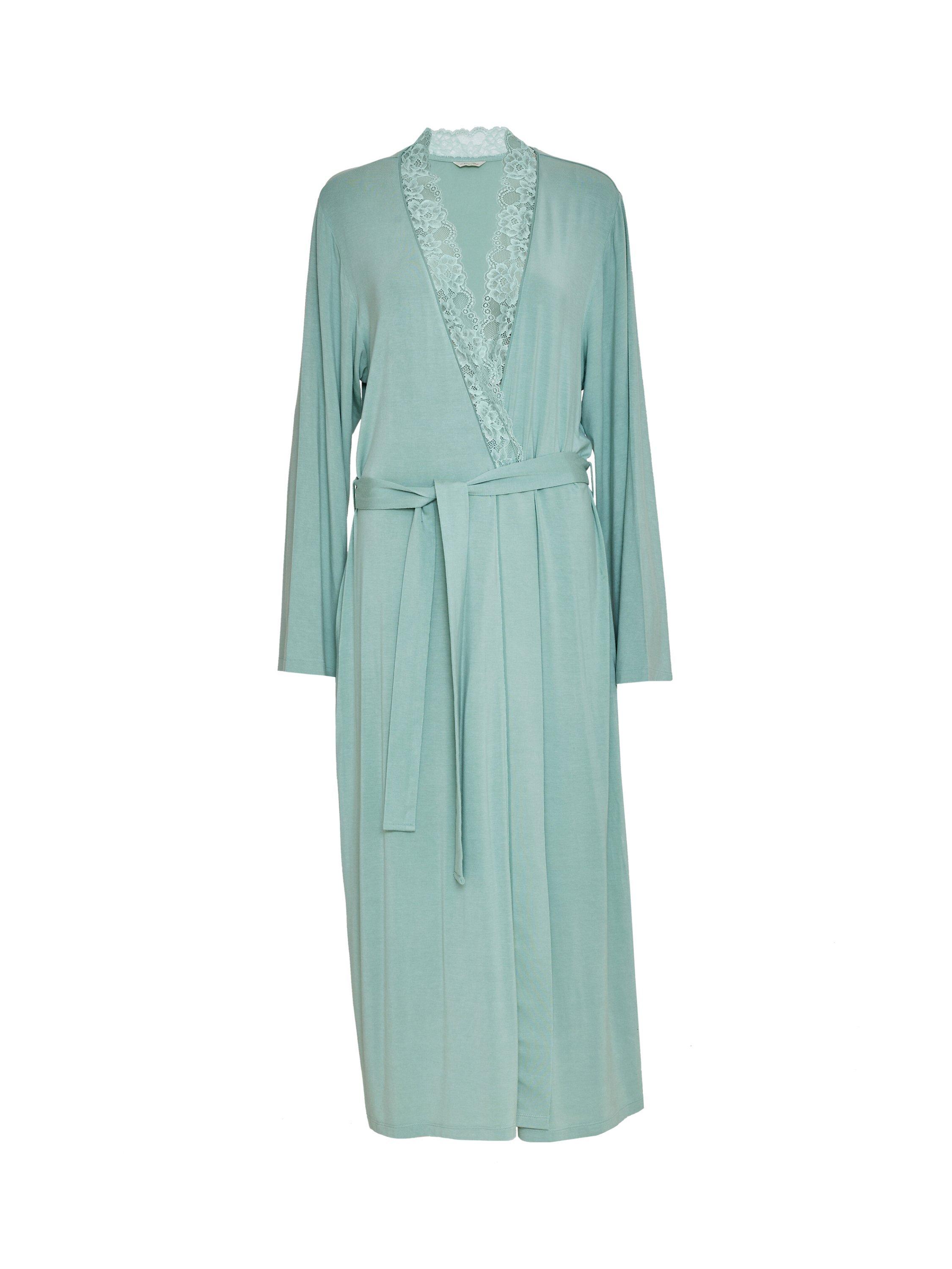 Cyberjammies Julia Jersey Knit Lace Long Dressing Gown, Sage, 28