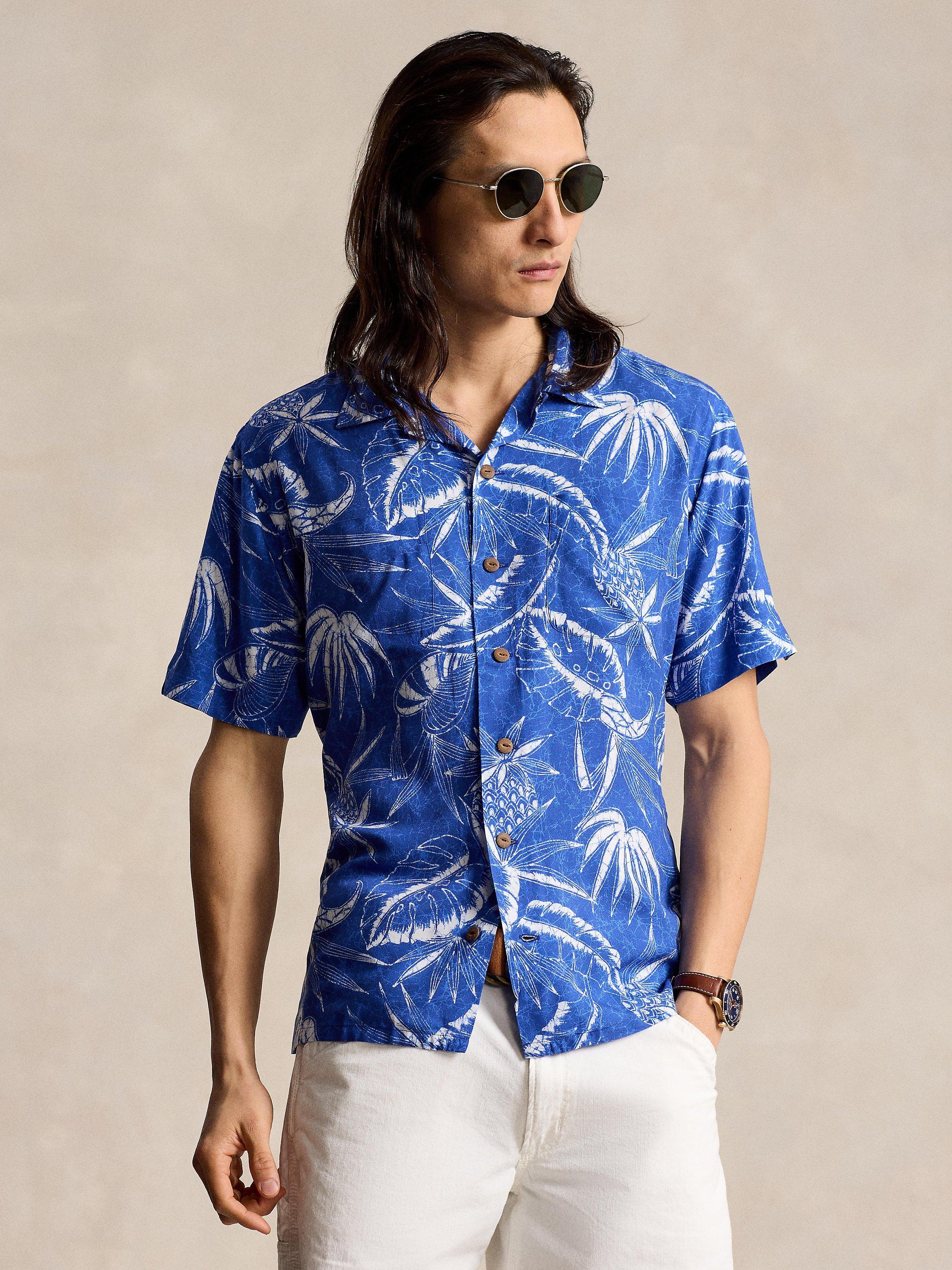 Ralph Lauren Classic Fit Hoffman Print Camp Shirt Blue White