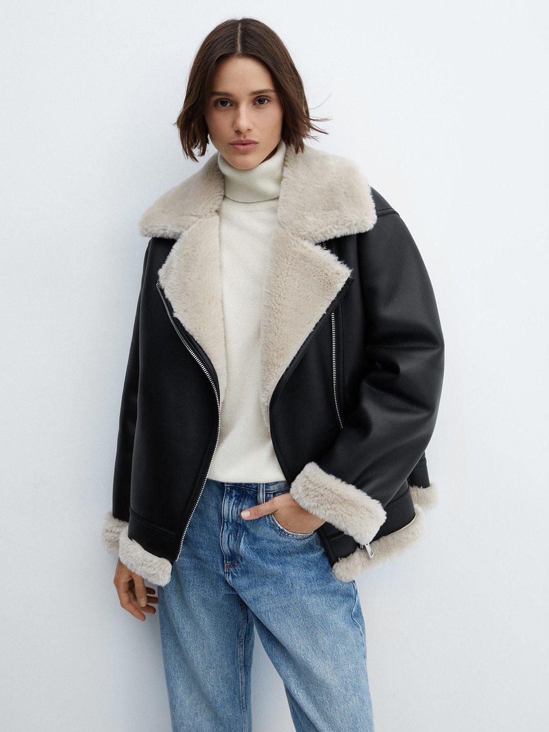 Mango Adri Faux Shearling Biker Jacket Black