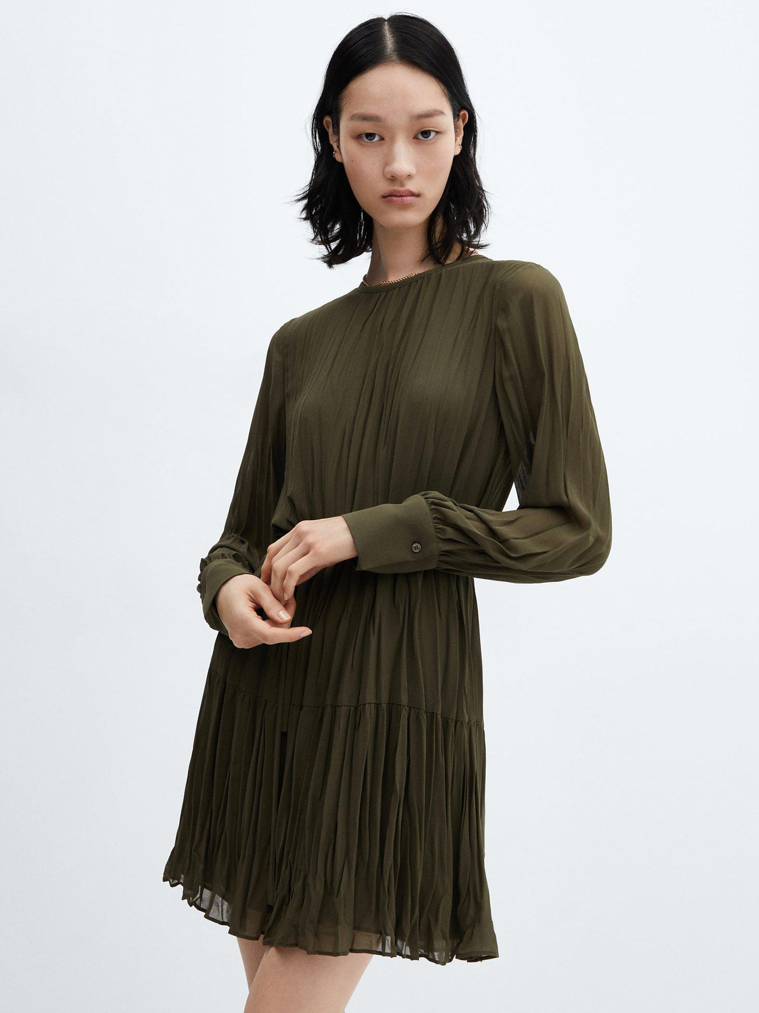 Mango Isabel Pleated Mini Dress, Khaki