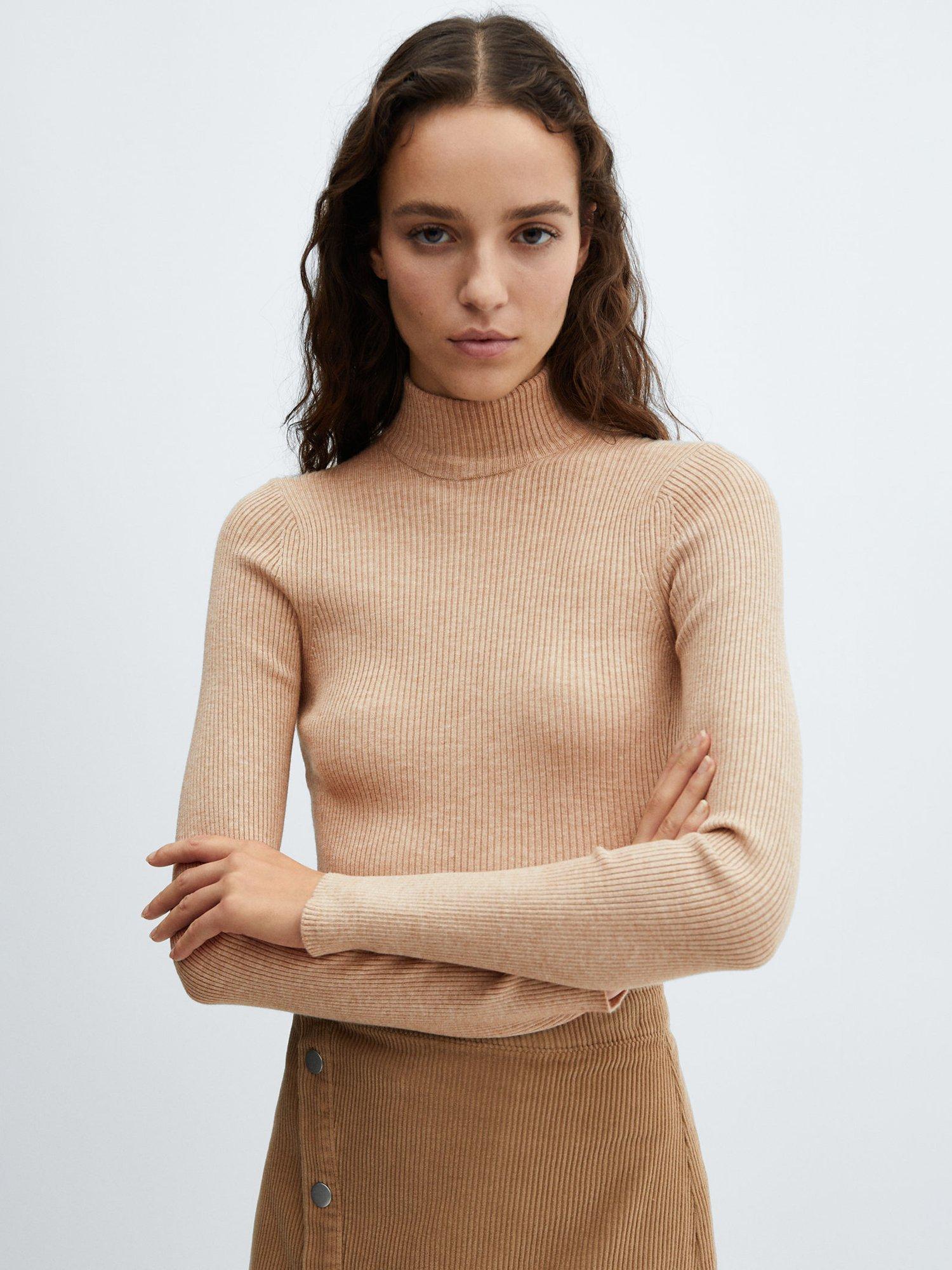 Mango Rib Knit Turtleneck Jumper, Camel