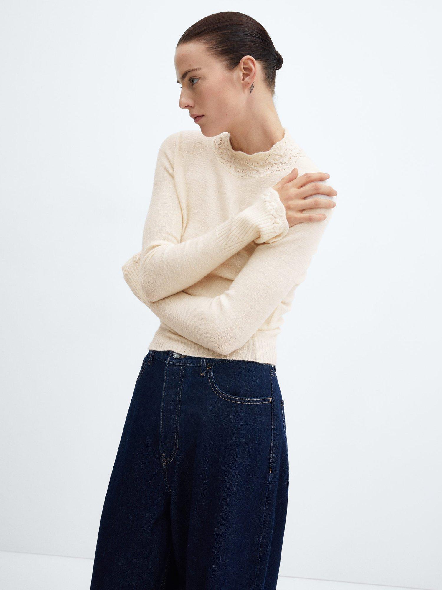 Mango Pepa Knitted Cropped Jumper, Light Beige