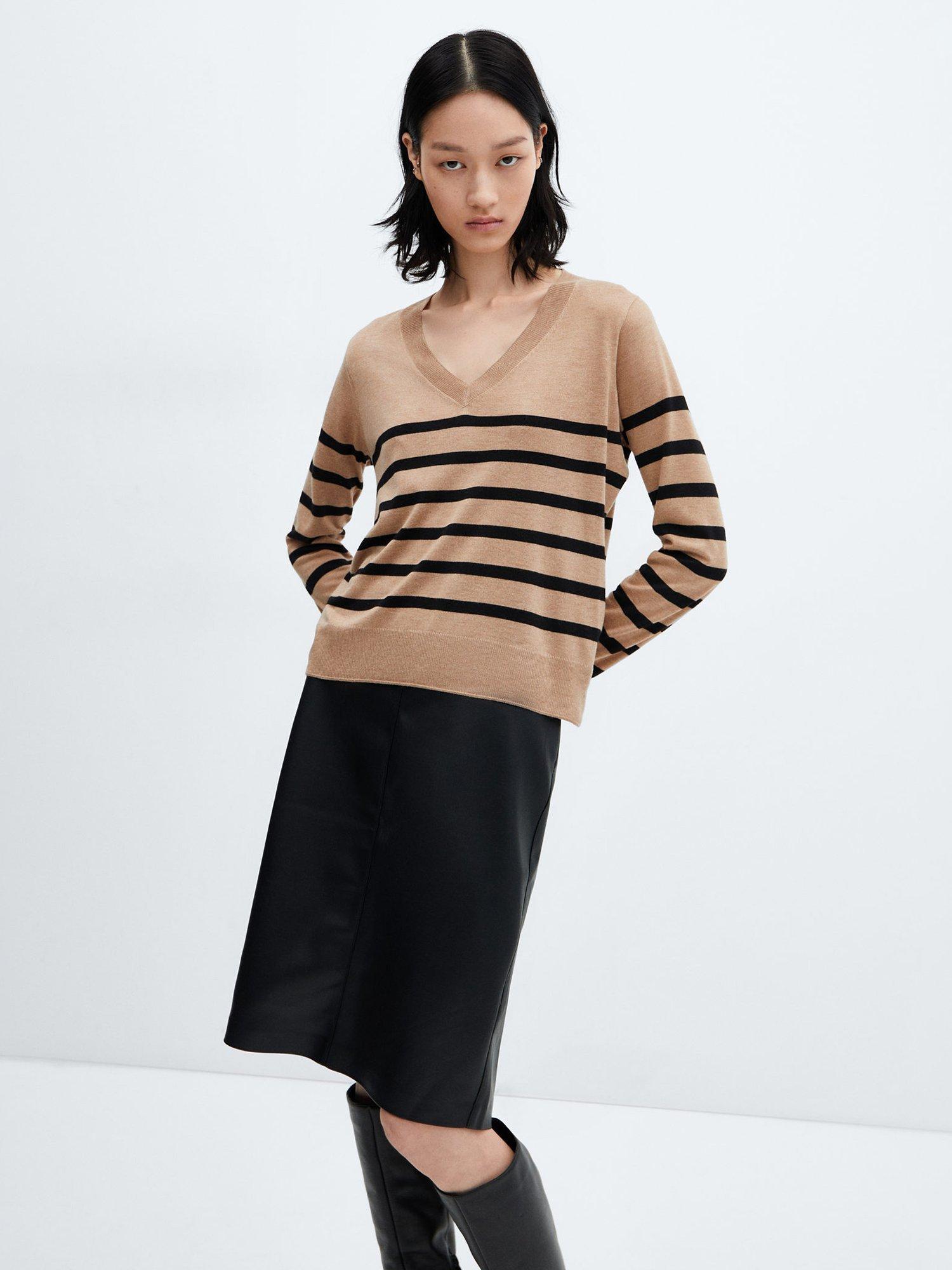 Mango Luccavr Cashmere Blend Striped V-Neck Jumper, Camel/Black, M