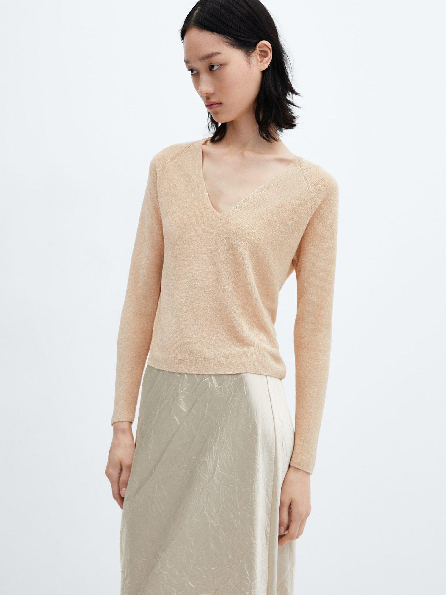Mango Kling Metallic V-Neck Jumper, Gold