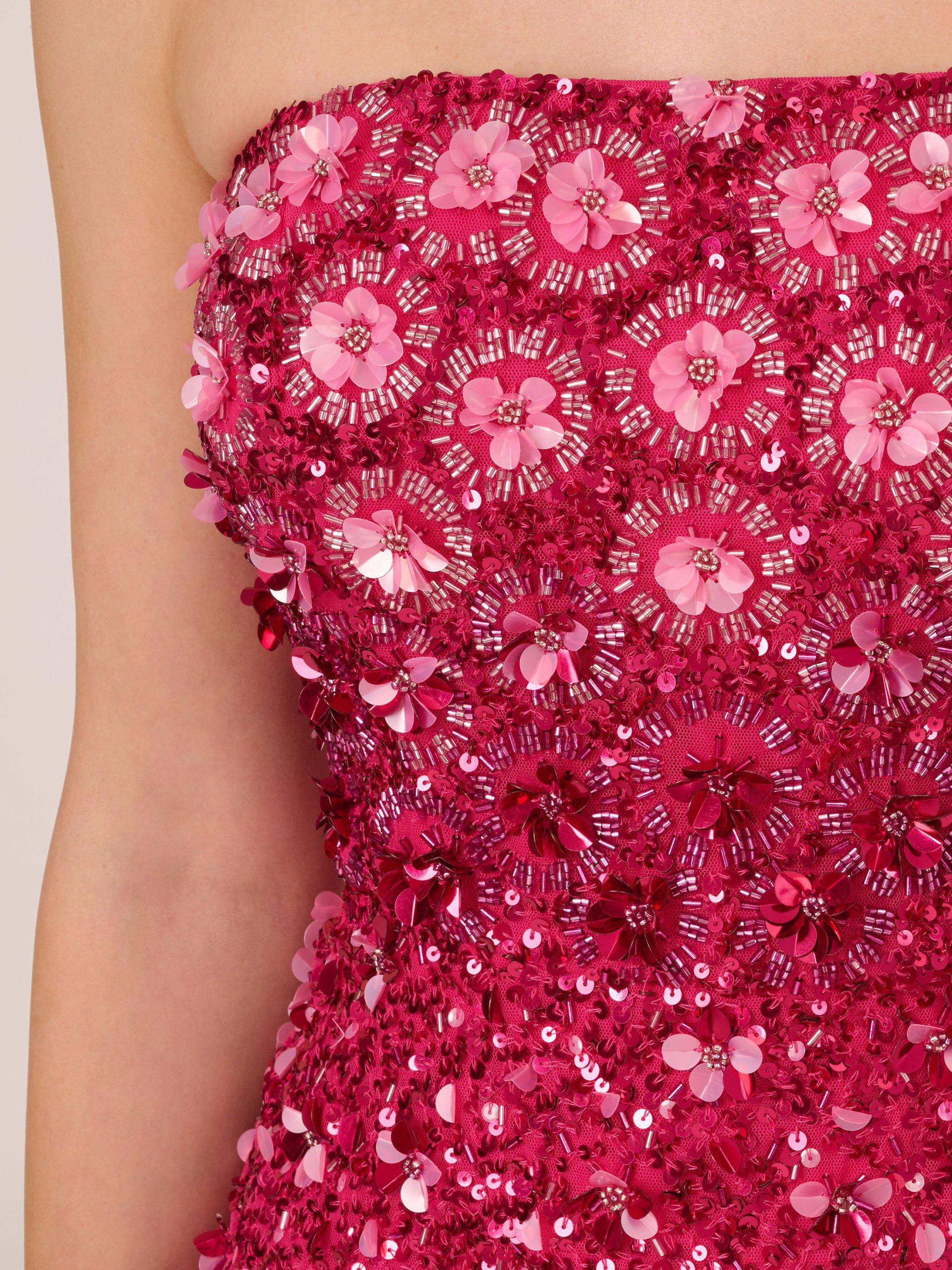 Adrianna Papell Beaded Strapless Midi Dress Hot Pink