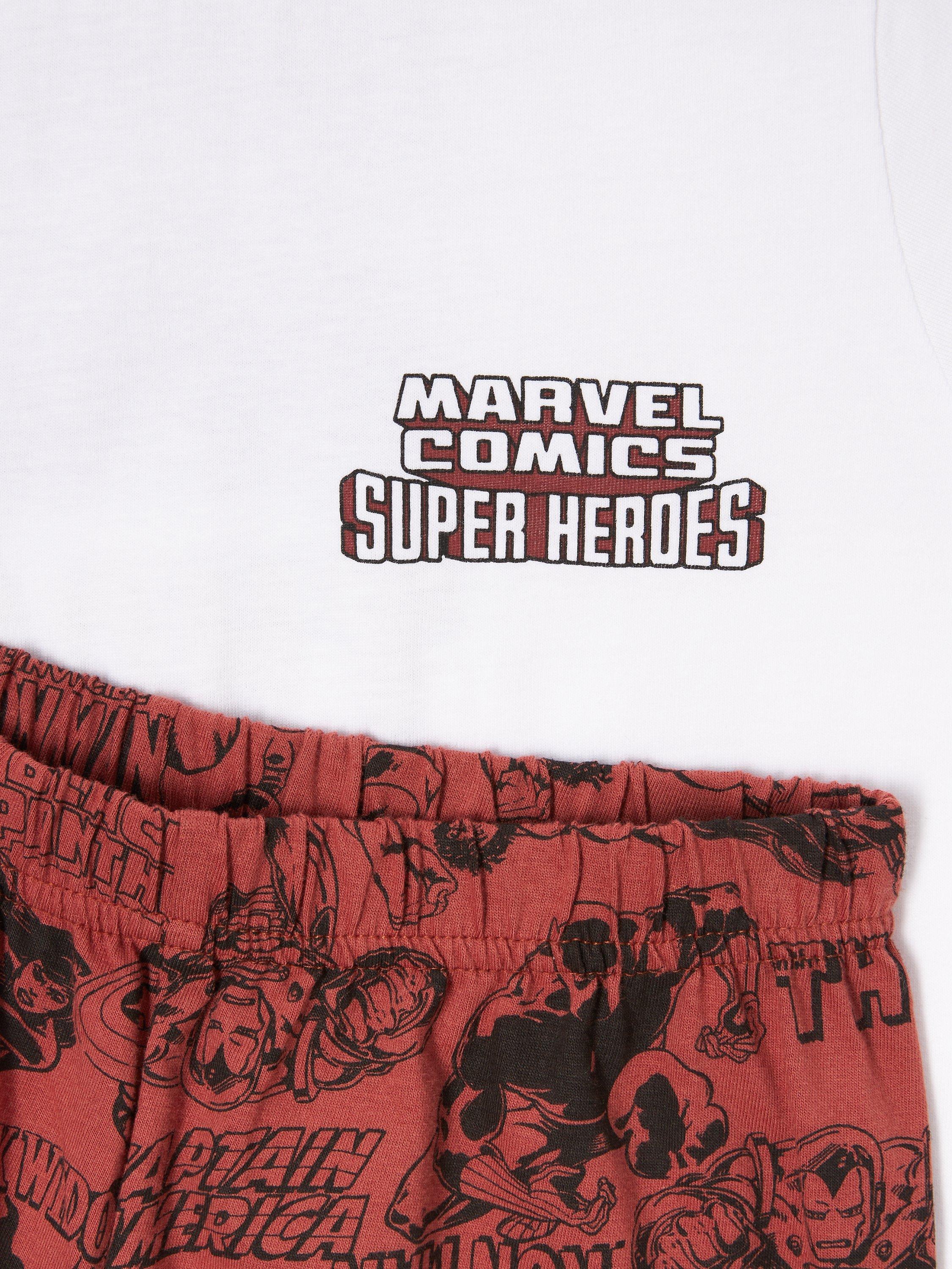 Brand Threads Kids' Marvel Superhero Shorts Pyjama Set, Red/White, 6-7 years