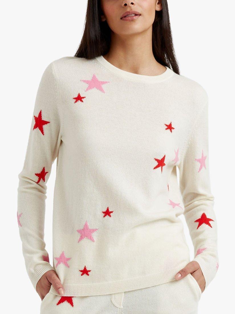 Product image 1 of 4, which shows Chinti & Parker Wool Cashmere Blend Star Jumper, Cream/Flamingo/Poppy, XS
