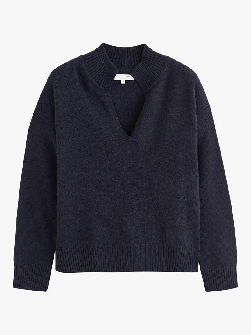 Chinti & Parker Cashmere Funnel V-Neck Jumper, Navy, XS